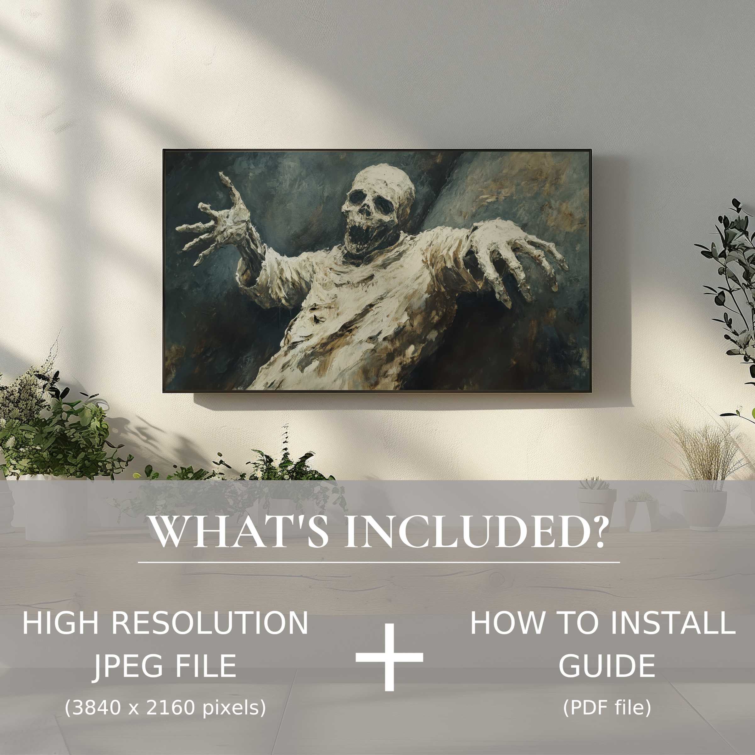 Elegant living room featuring a halloween digital TV art download, easy to use and elevates your space