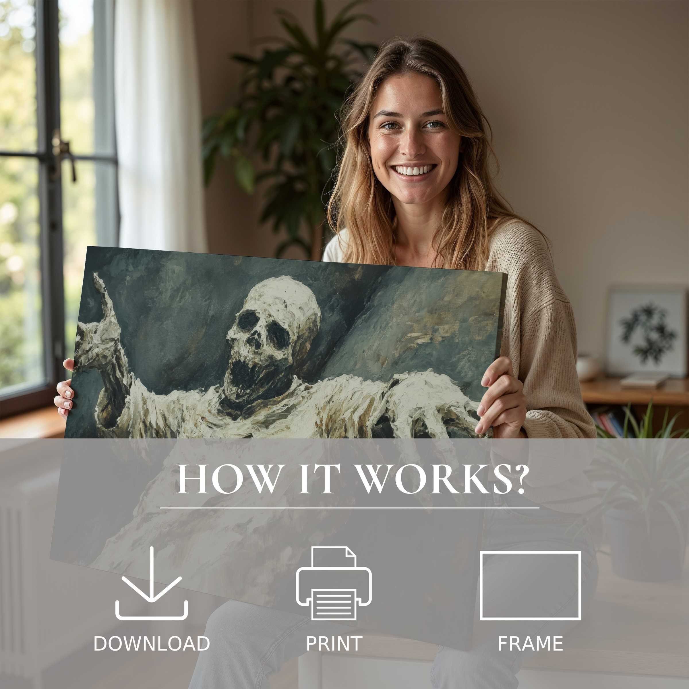 A serene moment reveals the joy of living with a Halloween digital art print, softly transforming a modern home’s ambiance
