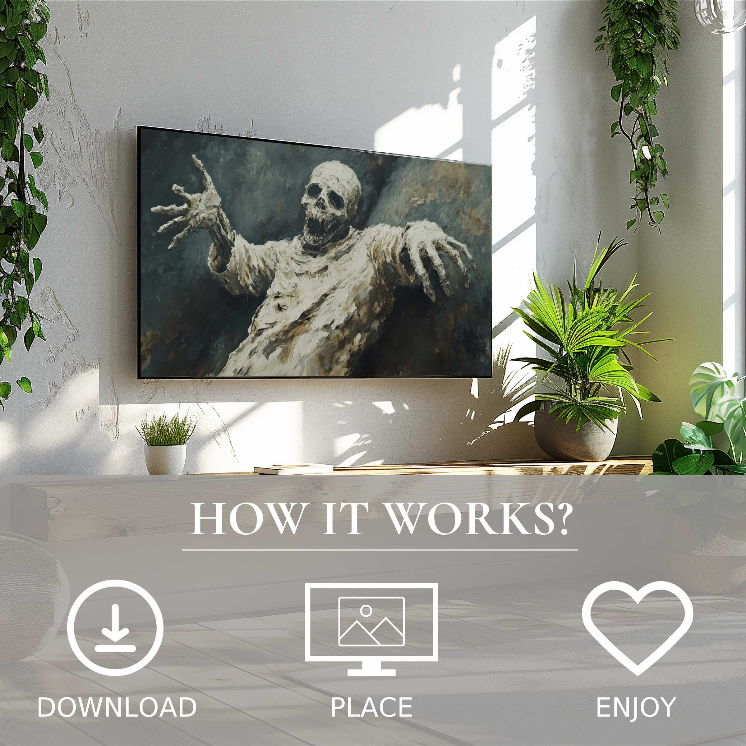 Halloween art for Samsung TV features eerie skeleton tones, easy digital download enriching any modern living space