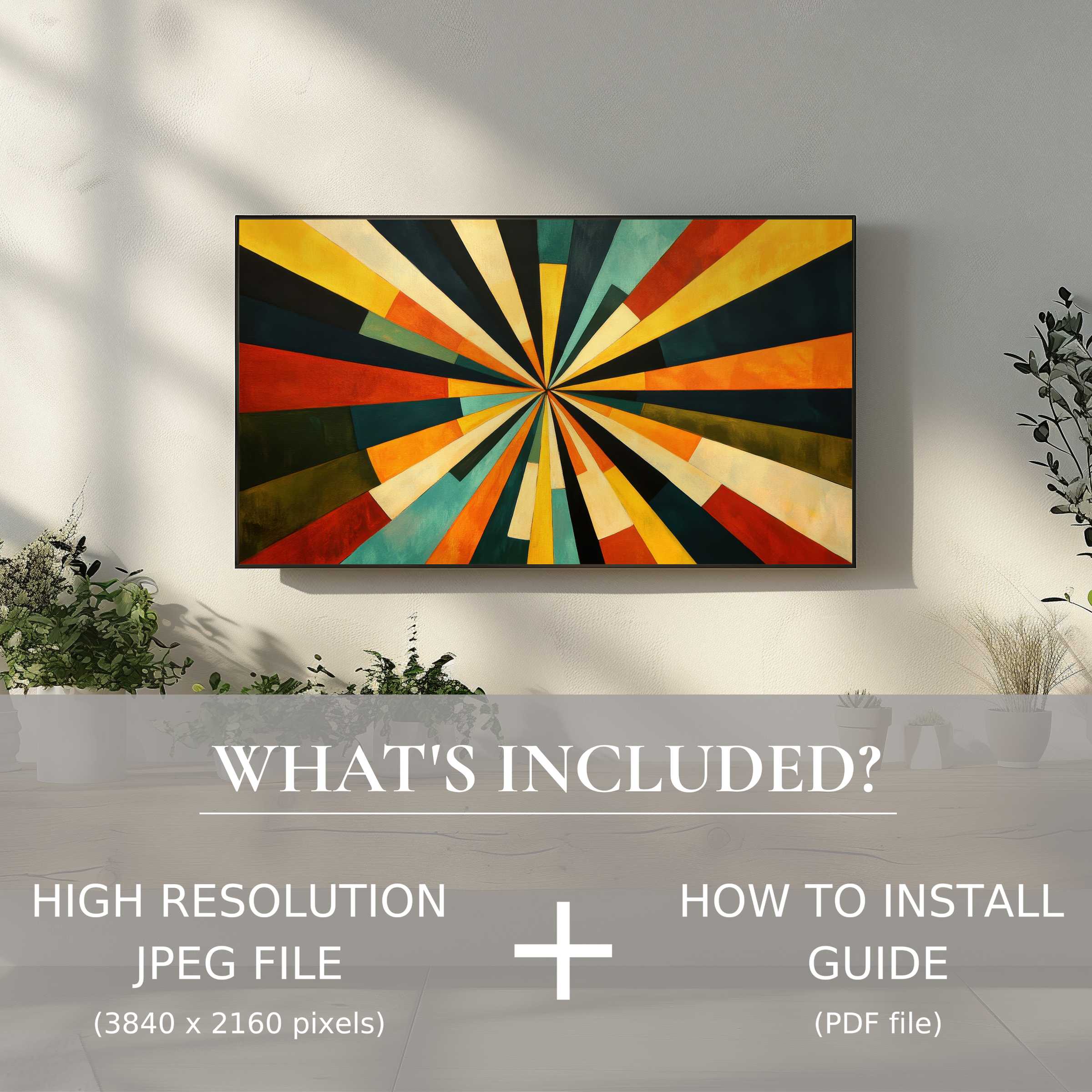 Modern digital TV art download with vibrant geometry enhances living spaces, easy to use and instantly elegant