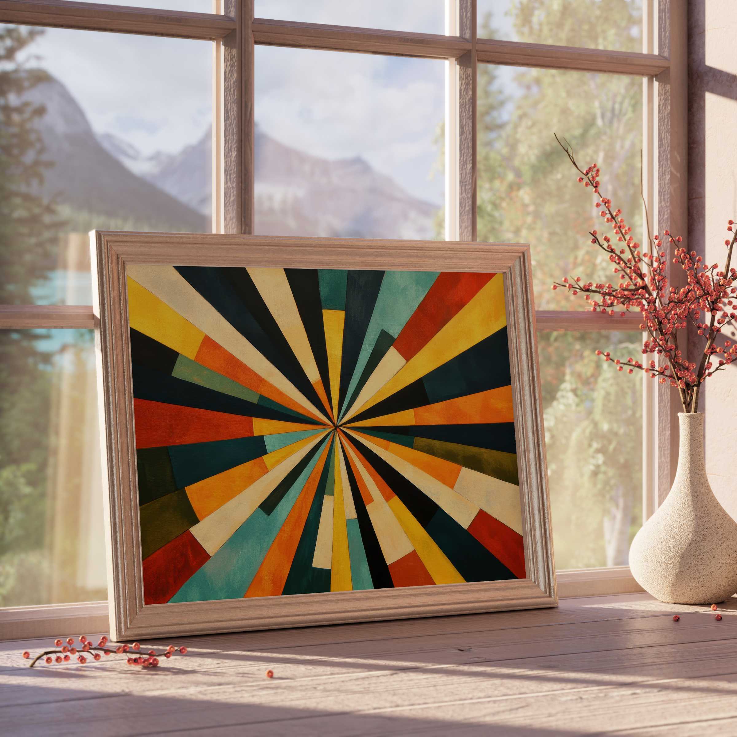 Modern downloadable art radiates vibrant energy with dynamic geometric rays, perfect for elevating curated, tranquil interiors