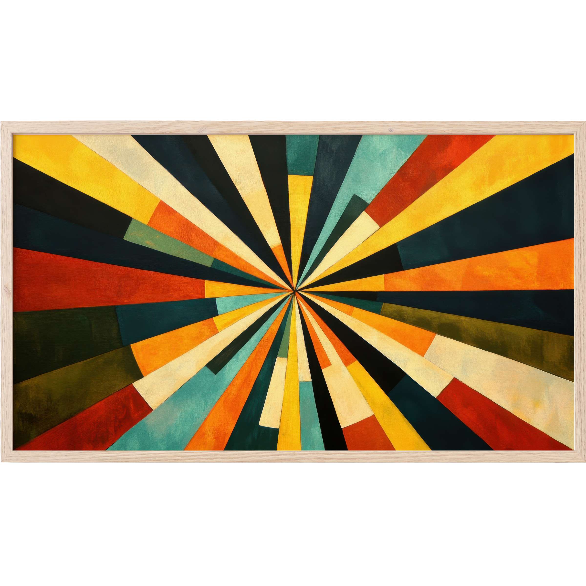 Vibrant geometric burst in warm yellows, reds, blues, and black with clean lines - modern Frame TV Art for contemporary spaces