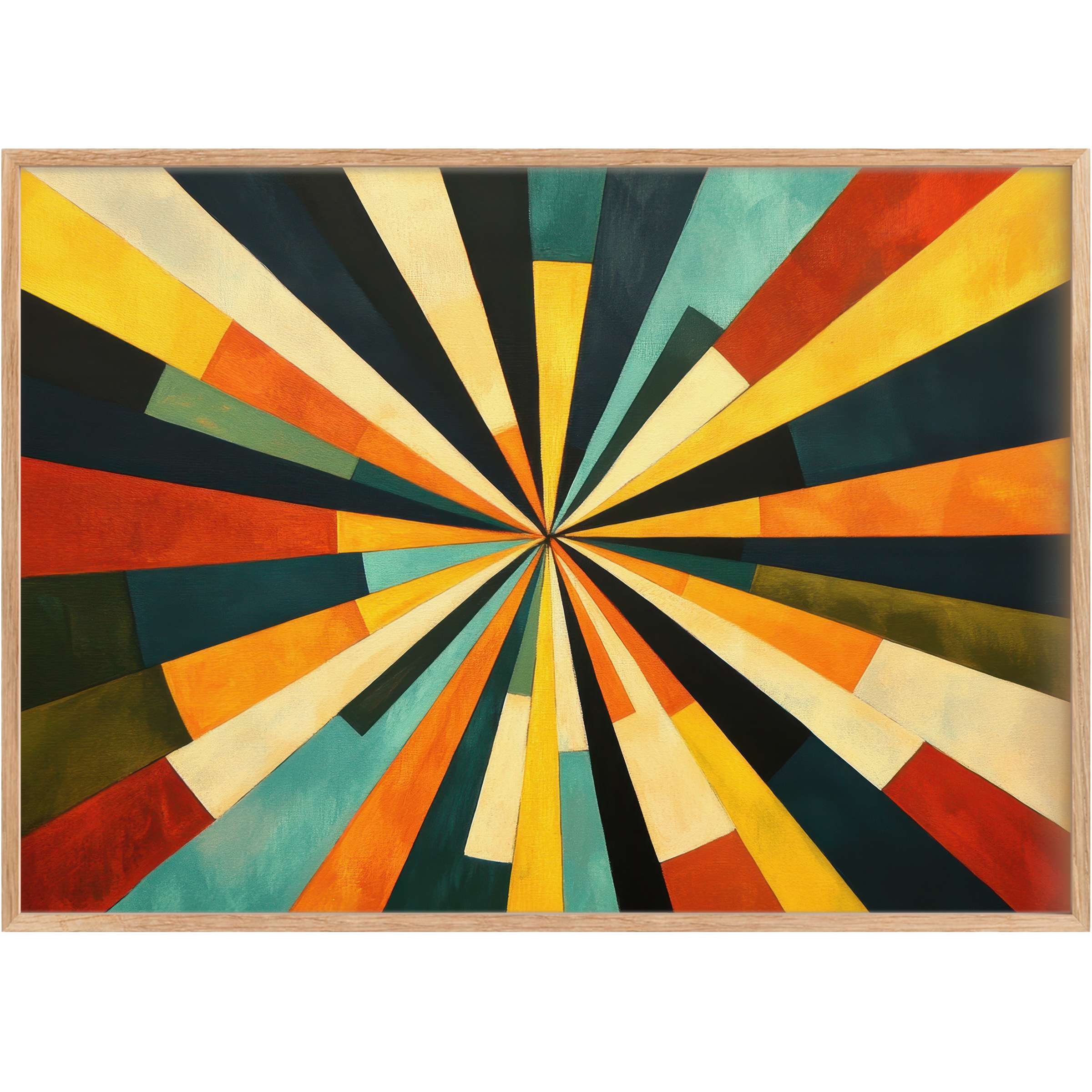 Vibrant modern printable wall art radiates energy with bold teal, amber, and burnt orange rays, elevating chic, stylish interiors