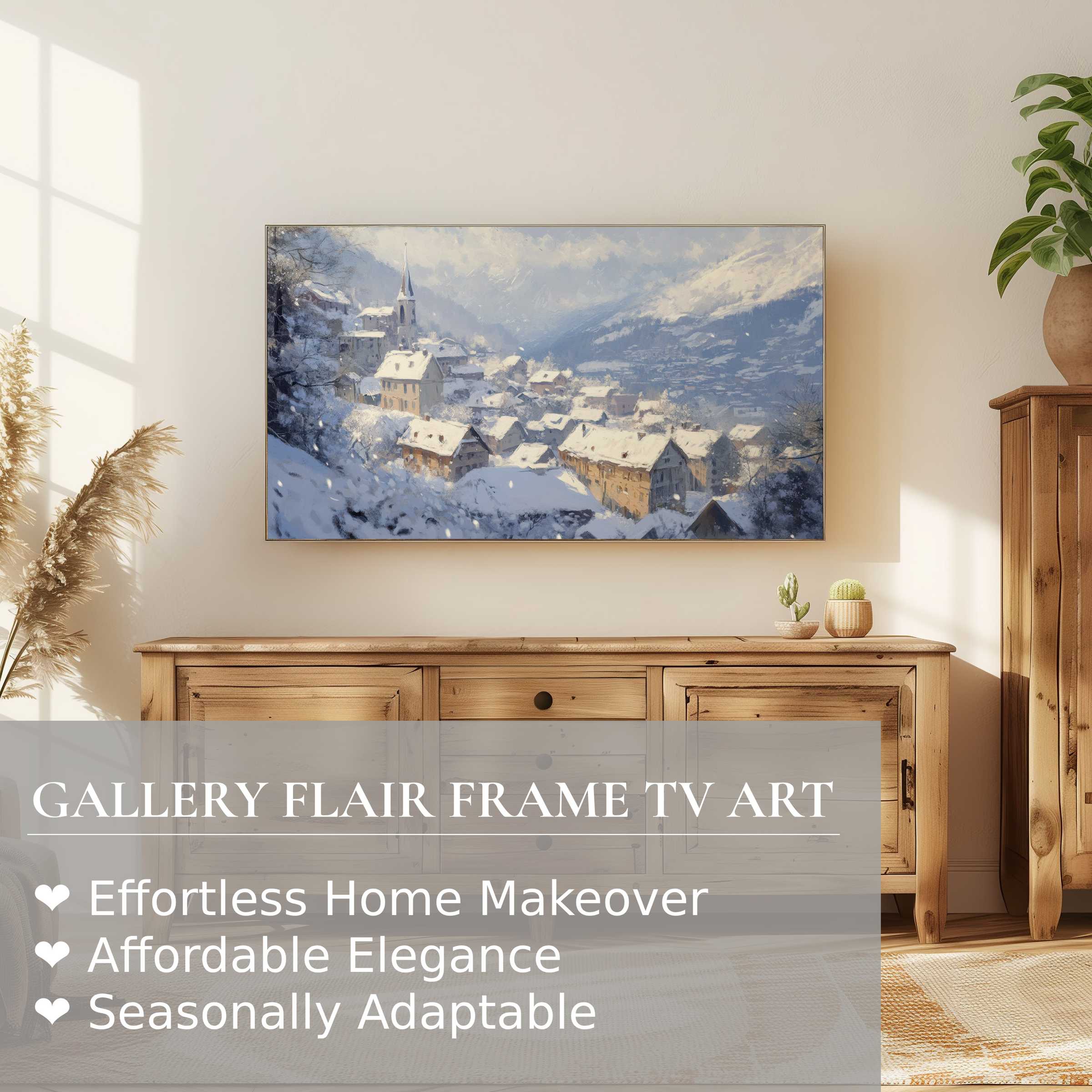 Samsung Frame TV showcases elegant winter digital artwork of a serene snow-covered village in modern decor