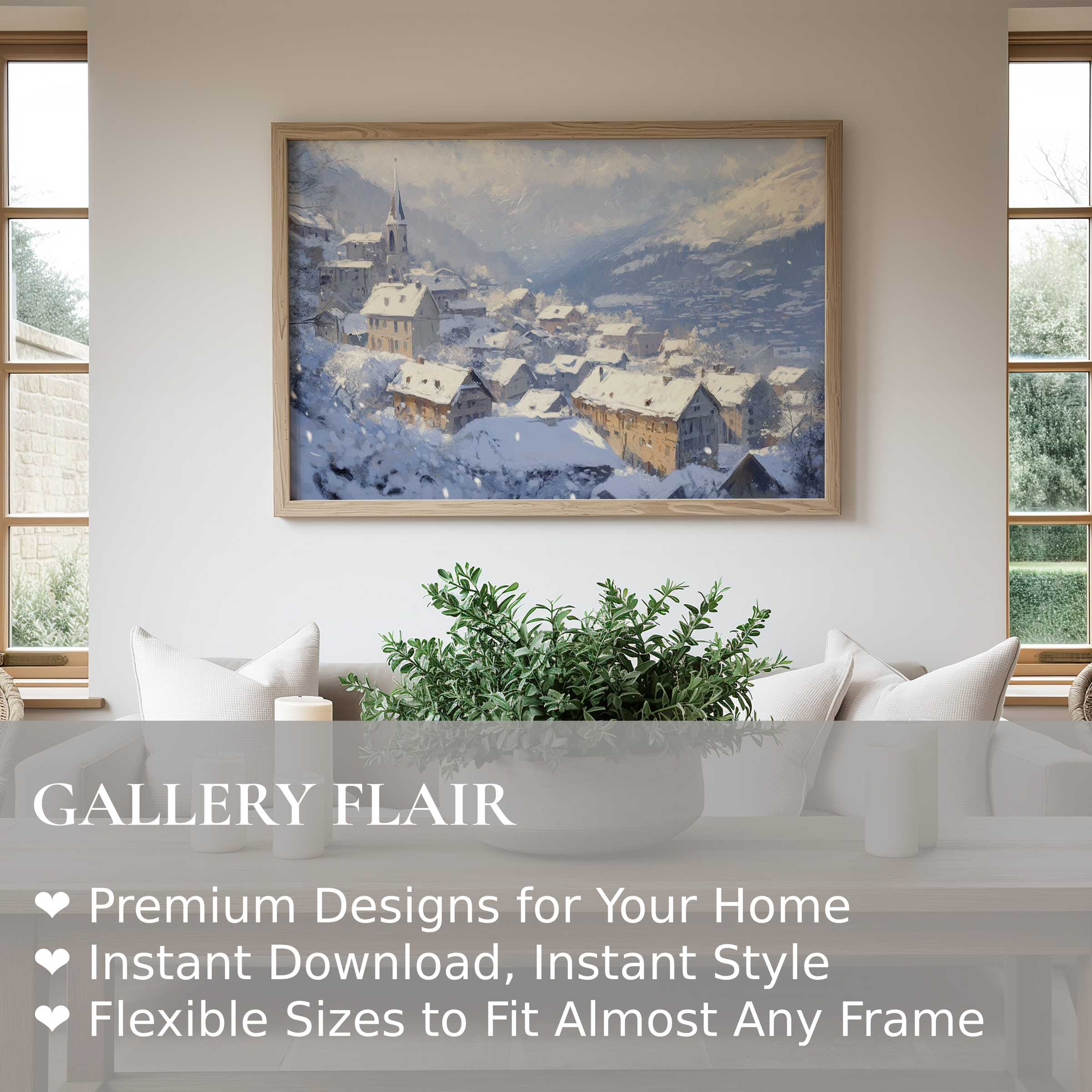 Winter wall art print capturing a serene snow-covered village, radiating calming charm in a modern minimalist living space