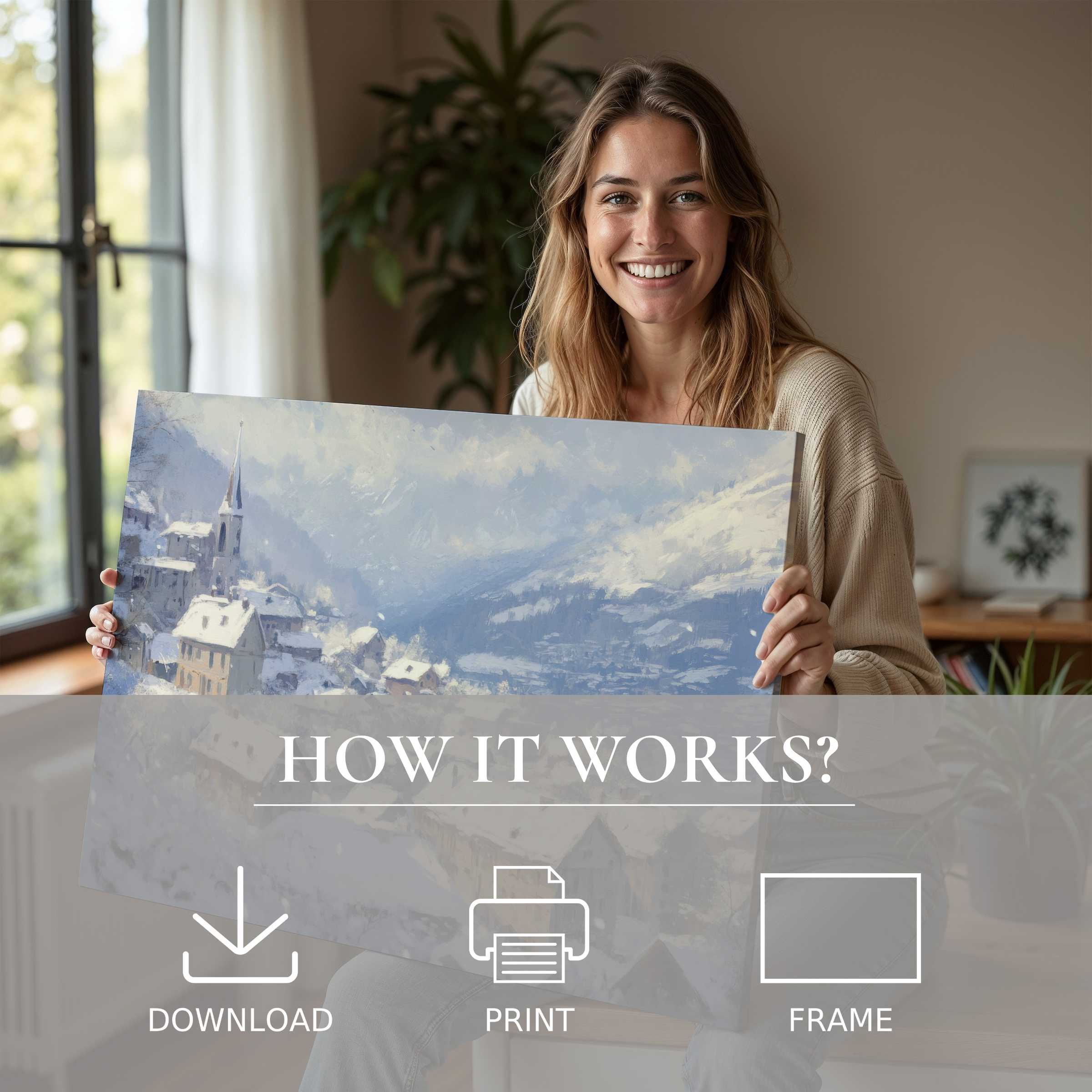 A serene moment of joy as elegant winter digital art print enriches a stylish home with tranquil blues and timeless charm