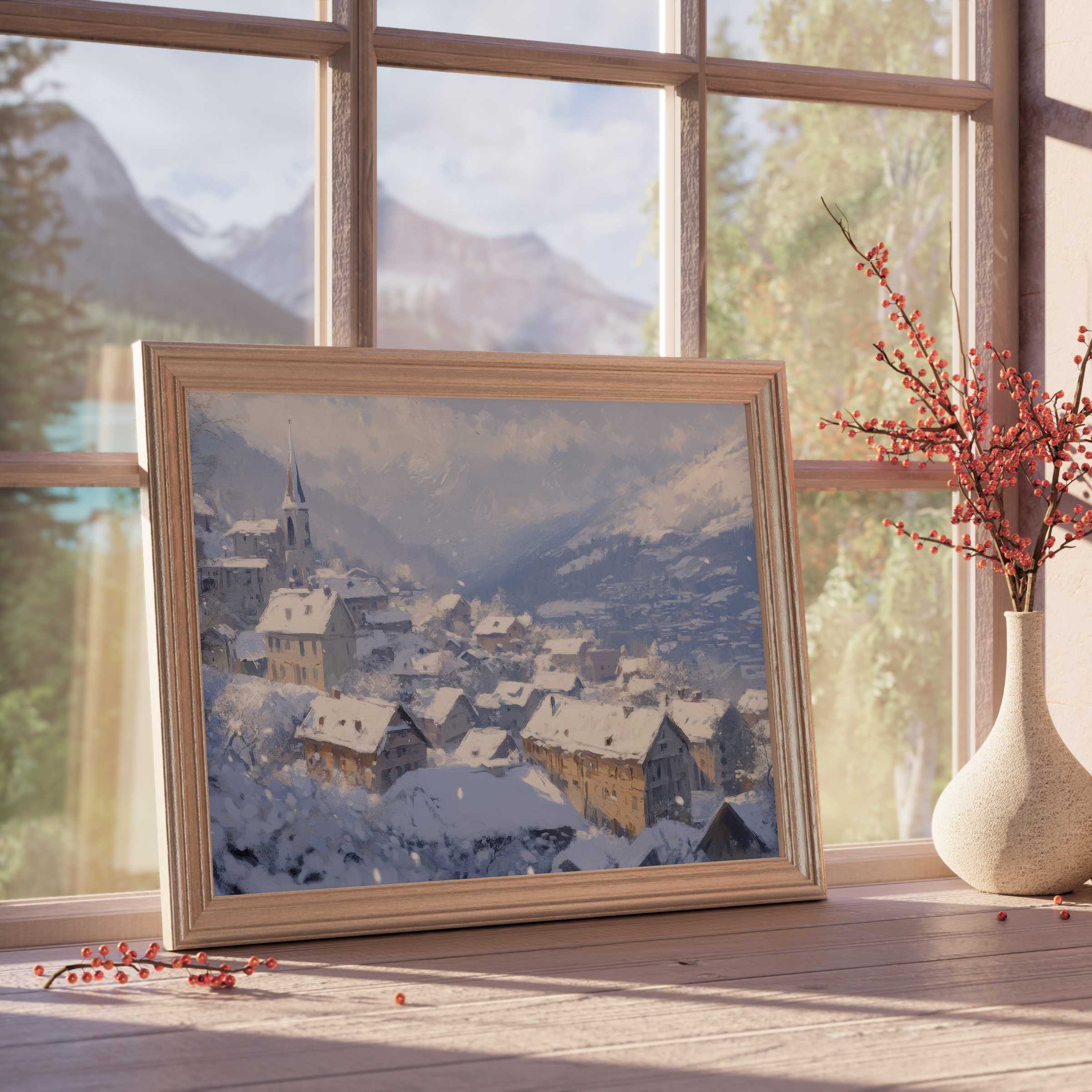 Winter downloadable art showcasing a serene snow-covered village, enhancing curated, tranquil interiors with soft natural light