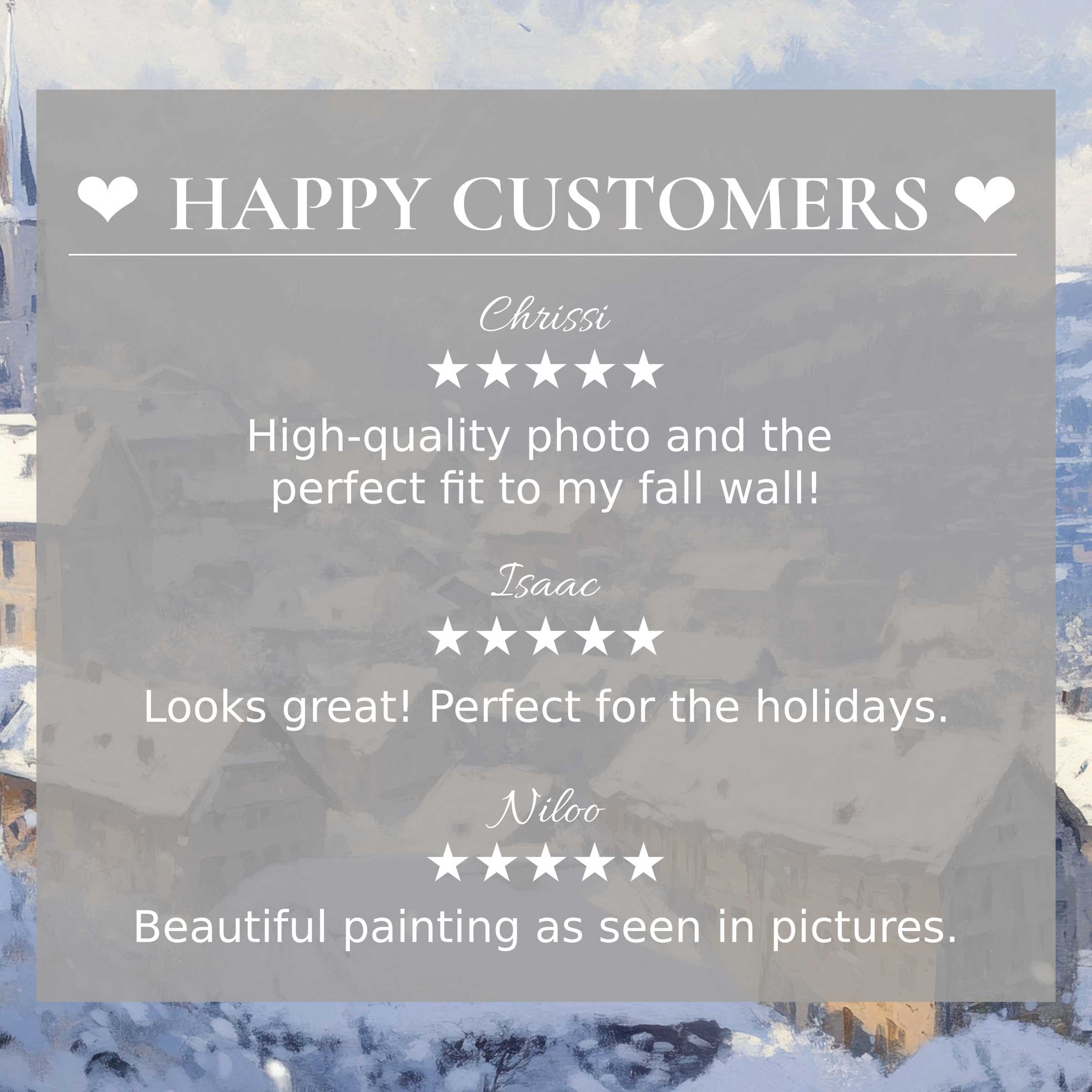 Winter art for Frame TV with serene village scene, happy customer reviews build trust and elevate elegant home style