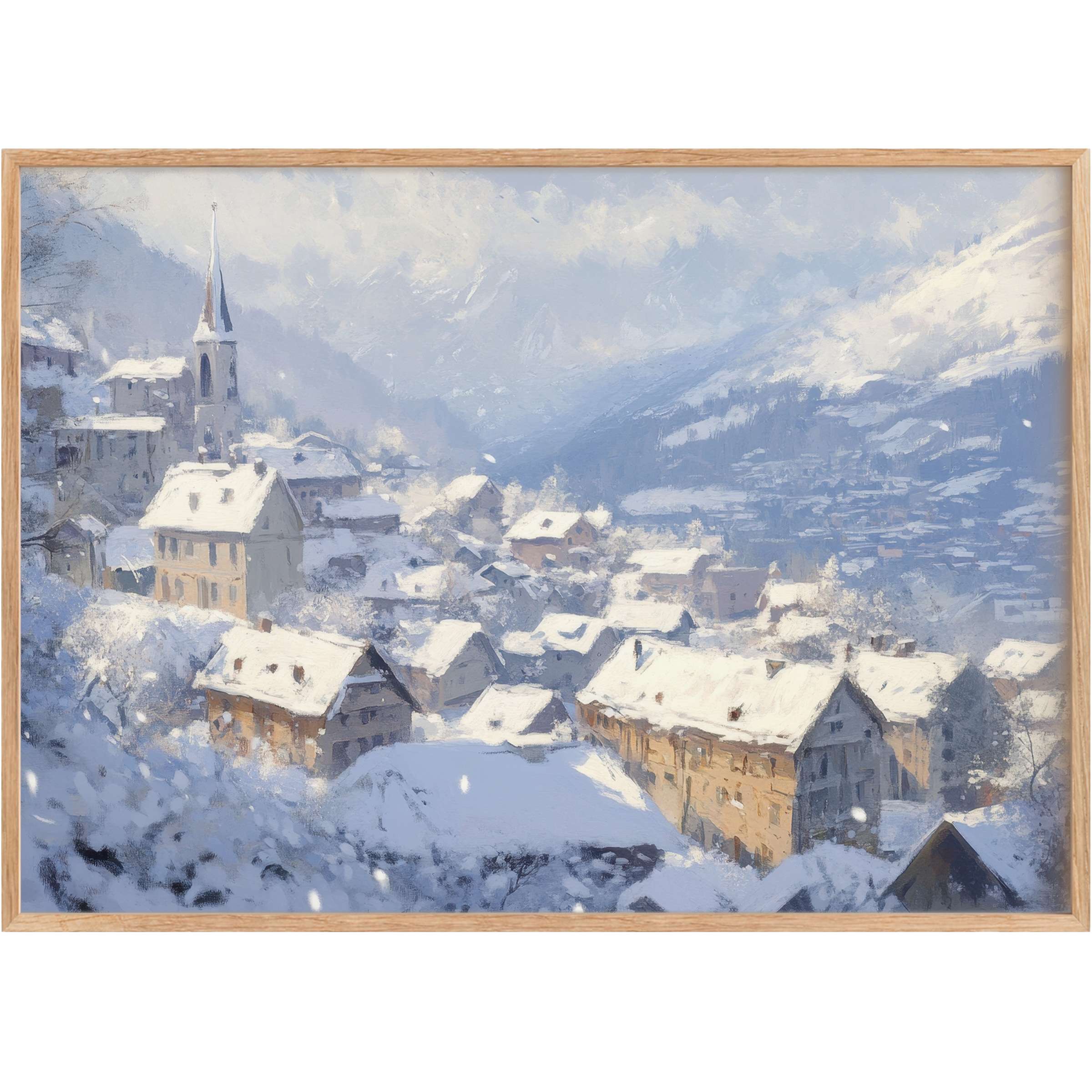 Tranquil winter printable wall art capturing a snowy village bathed in soft blues and warm neutrals, evoking serene, cozy elegance
