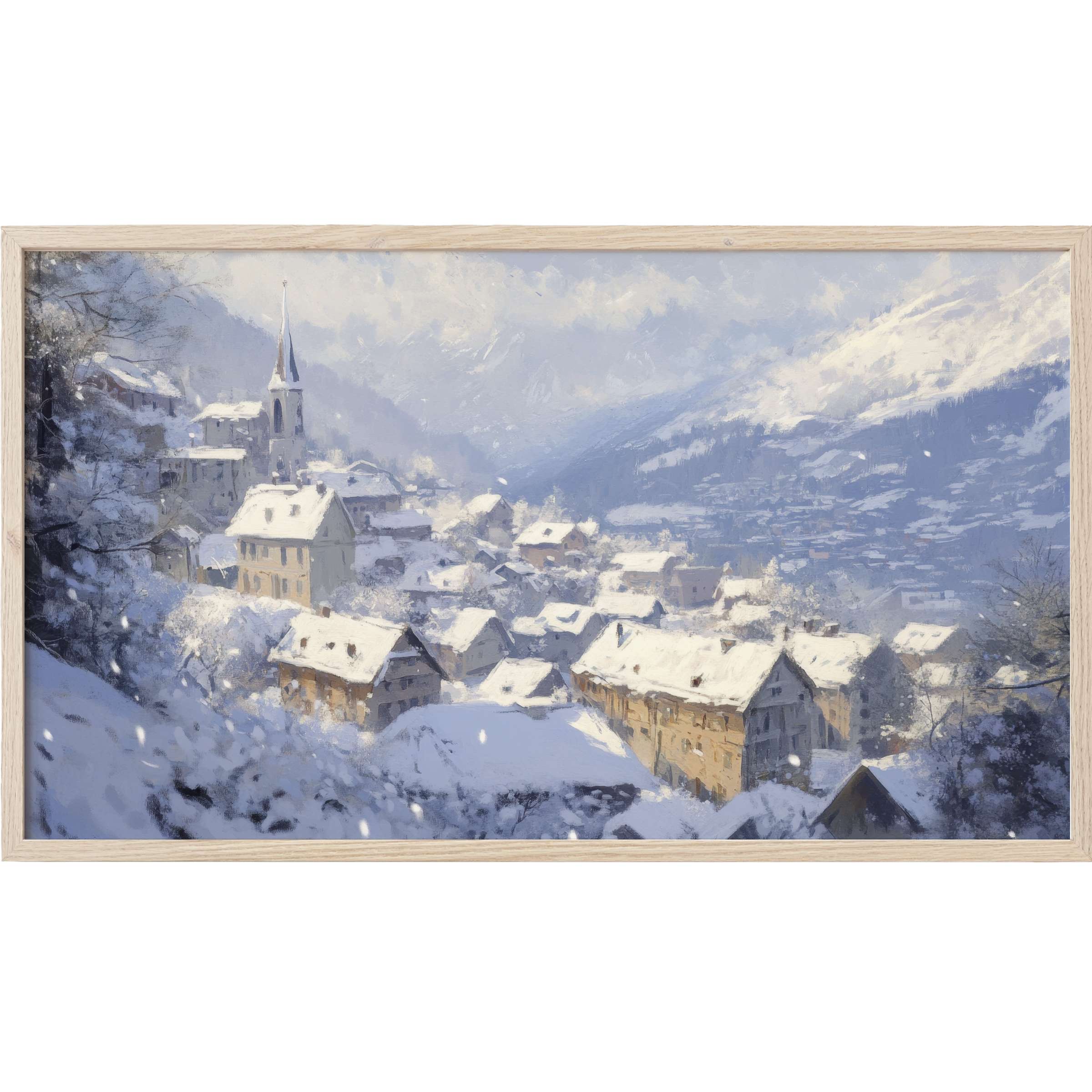 Serene winter village scene in soft blues and whites, capturing calm snow and mountains in winter Frame TV Art