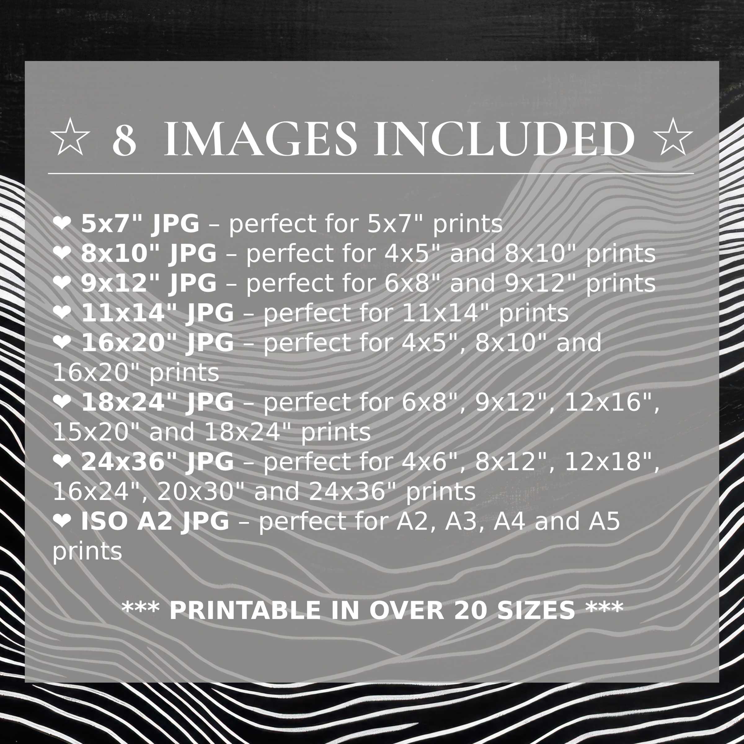 Bold black and white digital print radiates timeless elegance with flowing lines, offered in 8 high-quality sizes included to elevate modern interiors