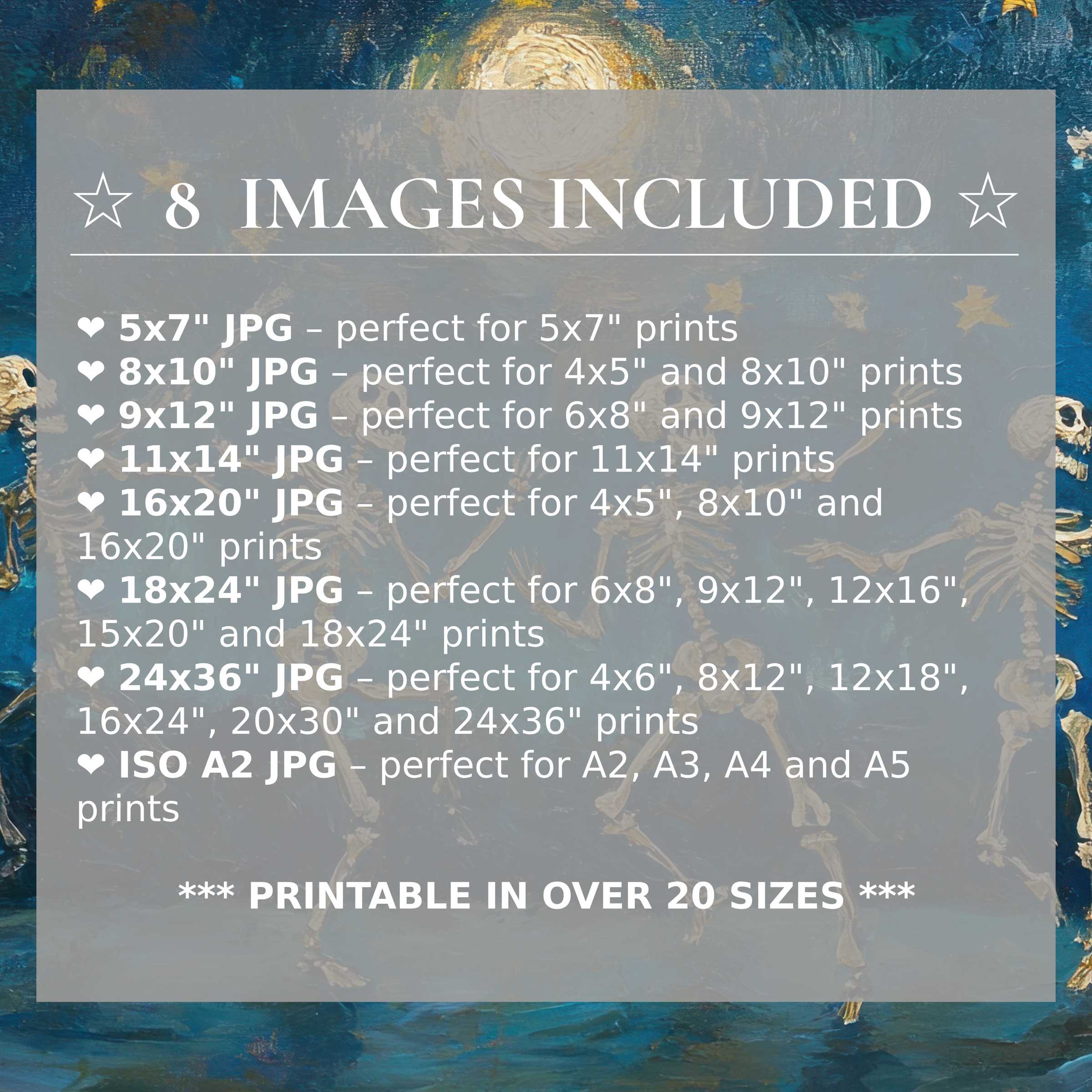 Halloween digital print featuring radiant gold and deep blue skeleton artistry, offered in 8 high-quality sizes included to effortlessly elevate modern interiors with versatile, sophisticated style