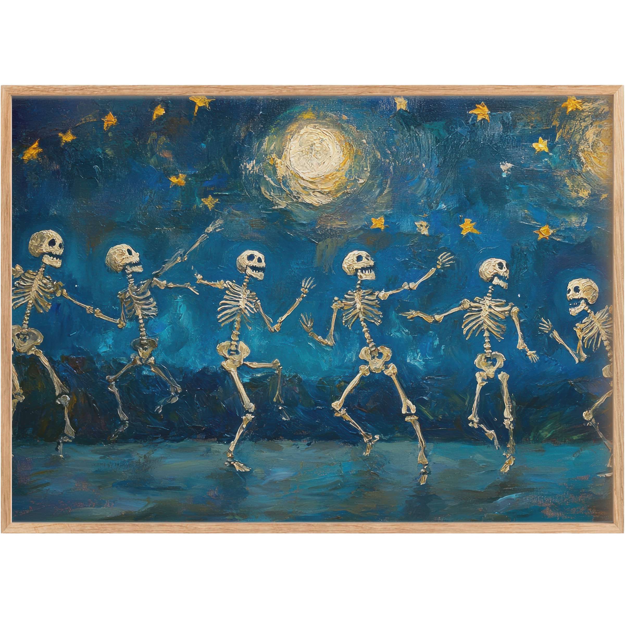 Enchanting halloween printable wall art featuring playful skeletons dancing under a luminous moon and golden stars, evoking a whimsical, mystical ambiance
