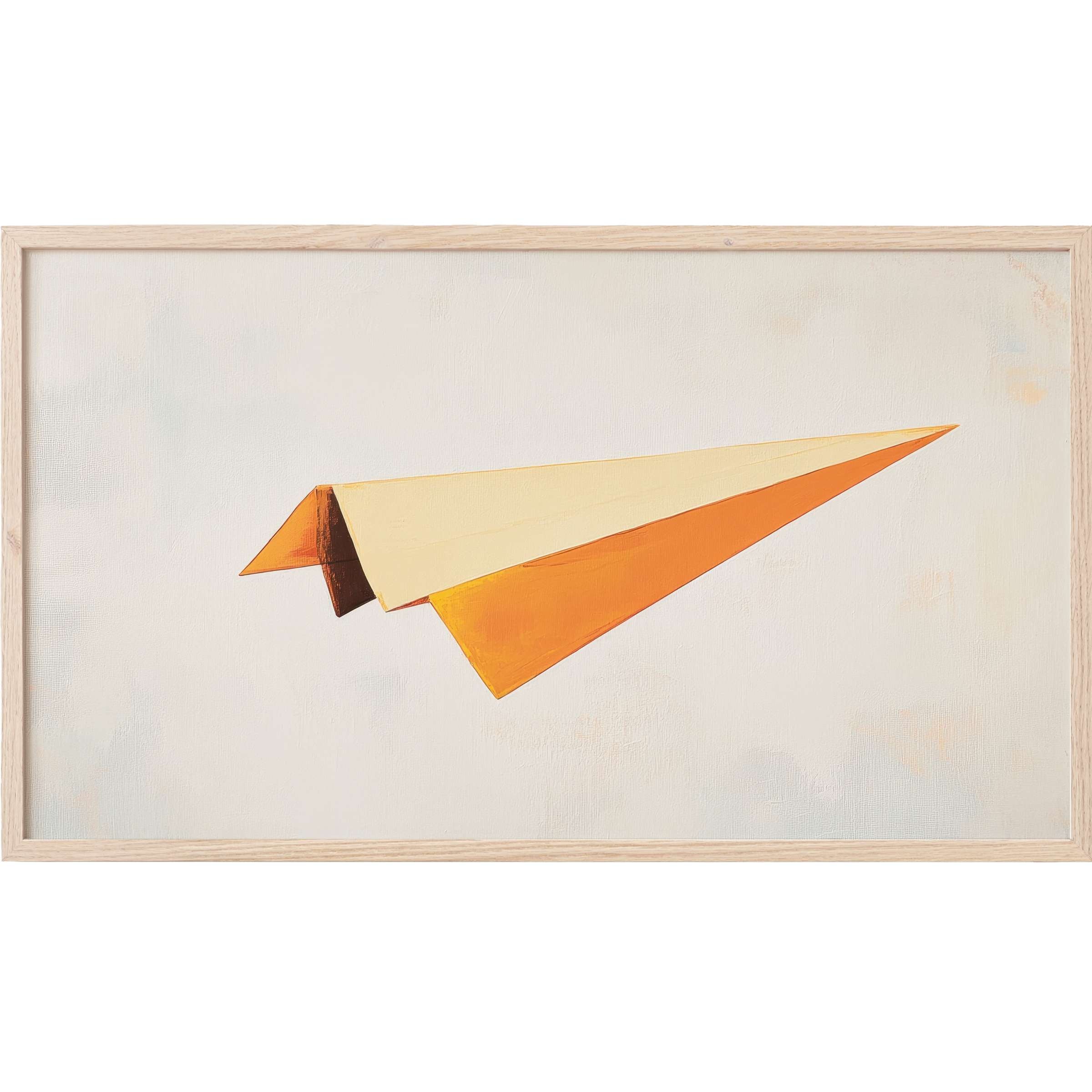 Minimalist Frame TV Art featuring a sleek paper airplane in warm orange and beige tones on soft cream
