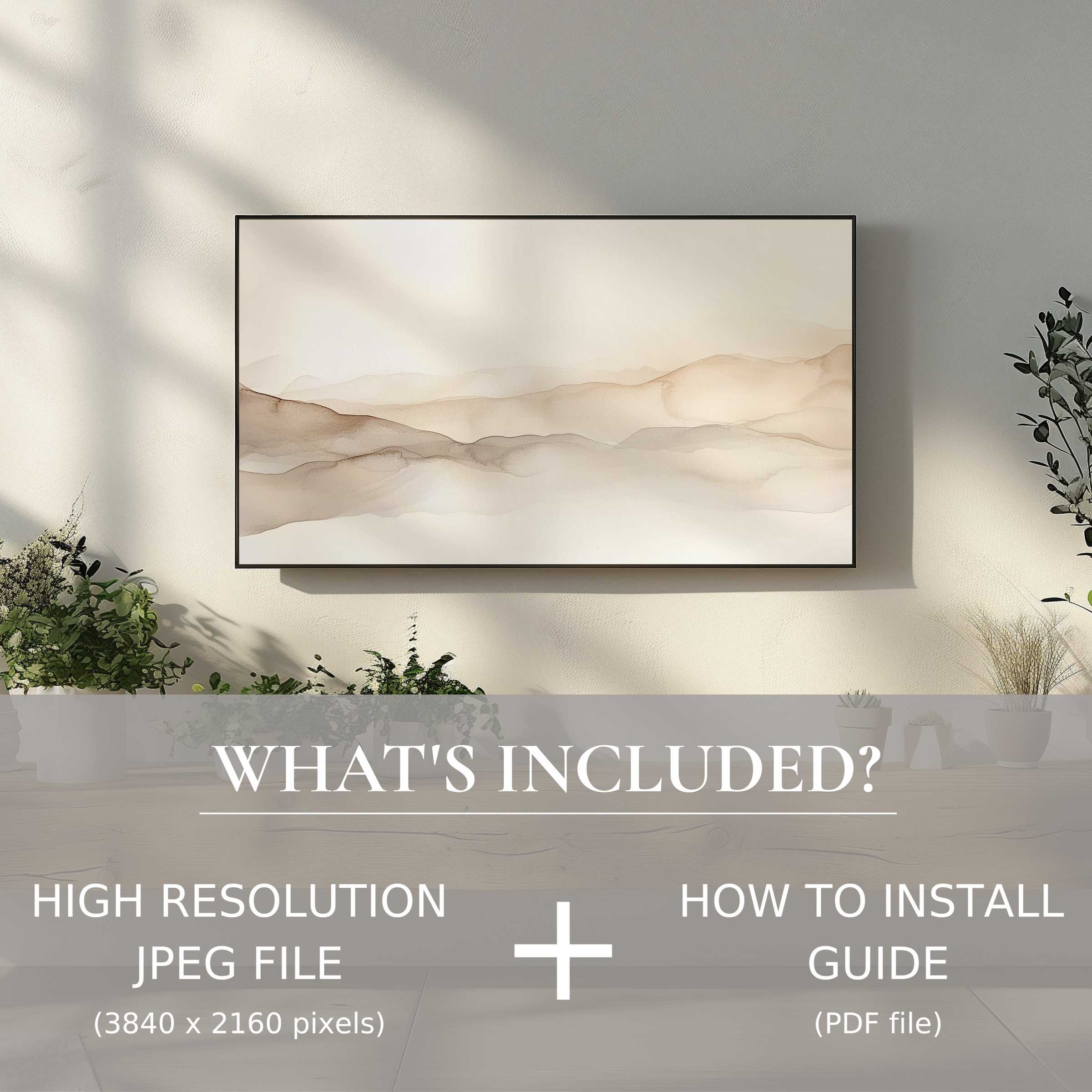 Elegant neutral digital TV art download with easy use, enhancing modern living spaces with serene, stylish decor