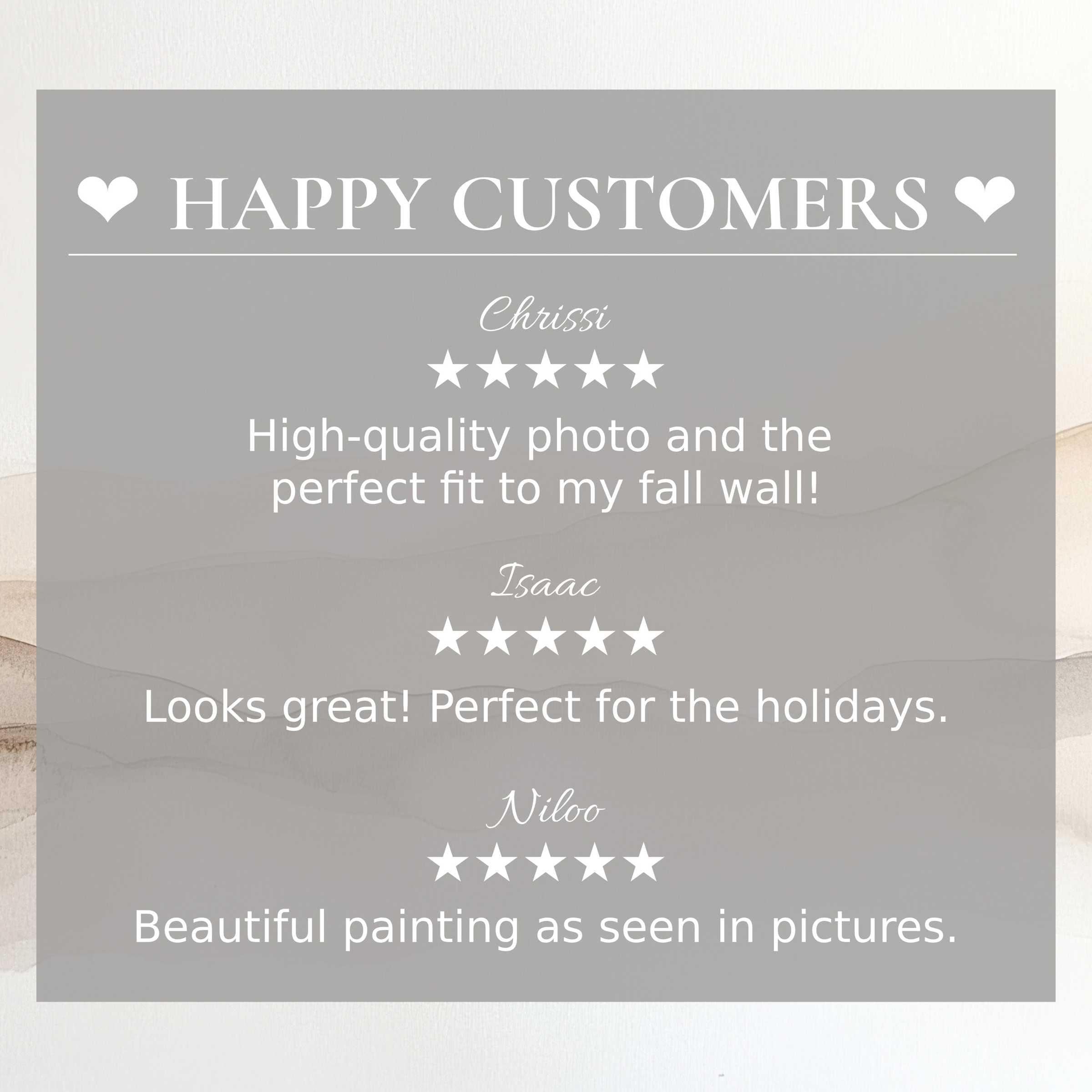 Neutral art for Frame TV with soft earth tones, highlighting happy customer reviews and elegant trust-building design
