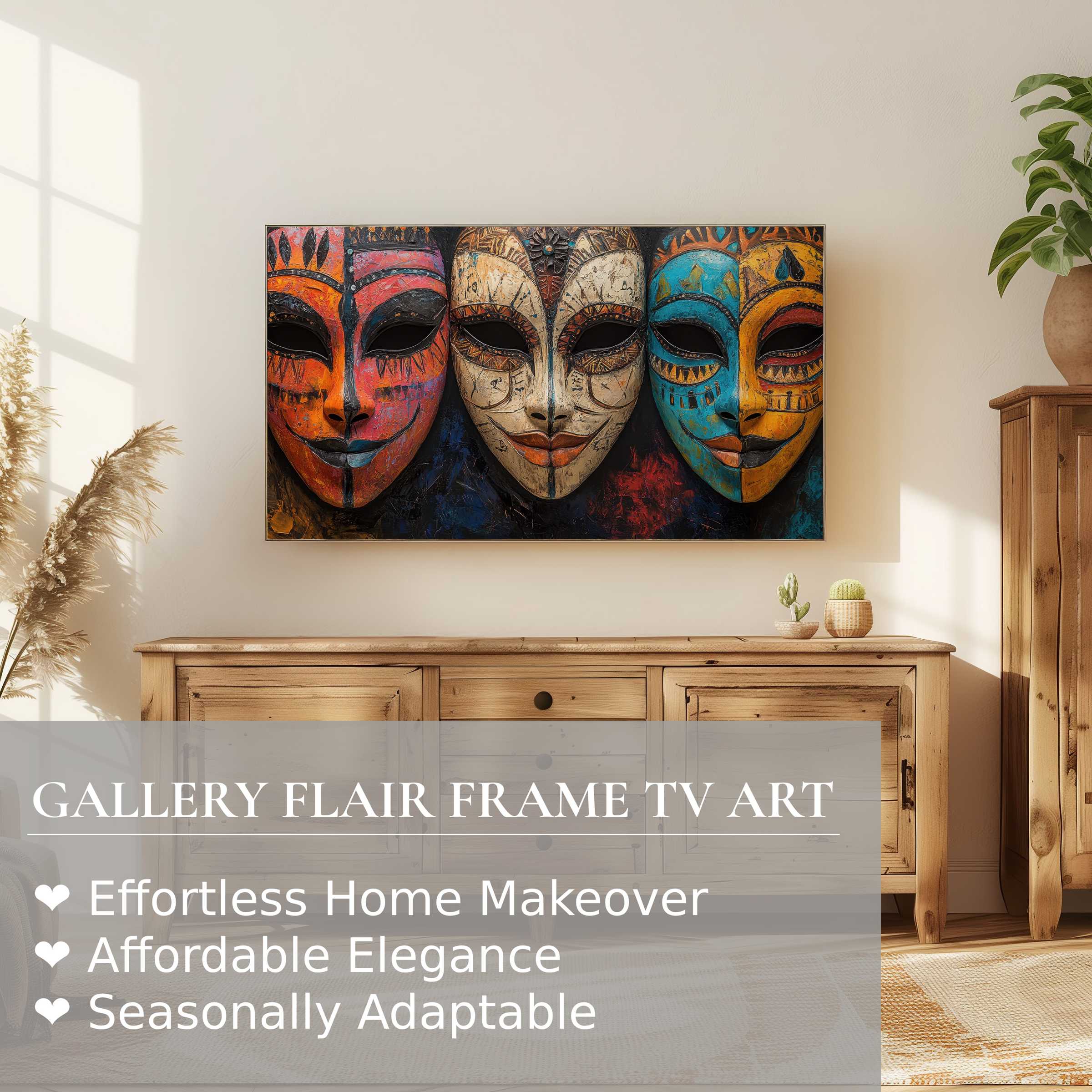 Samsung Frame TV displays vivid boho digital artwork of tribal masks in a warm, rustic living room setting