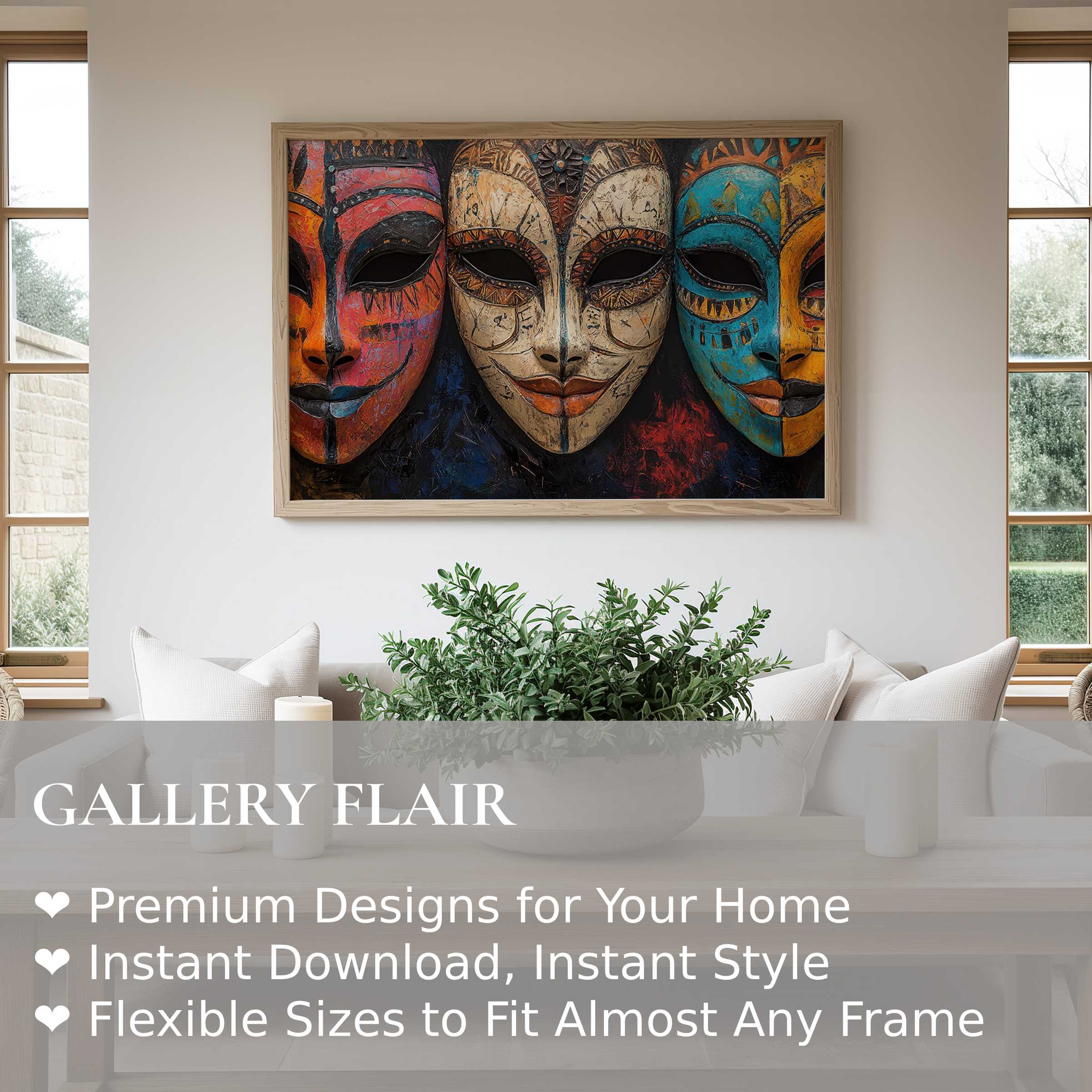Boho wall art print featuring vibrant tribal masks in rich hues, adding bold, eclectic charm to a modern, serene living space