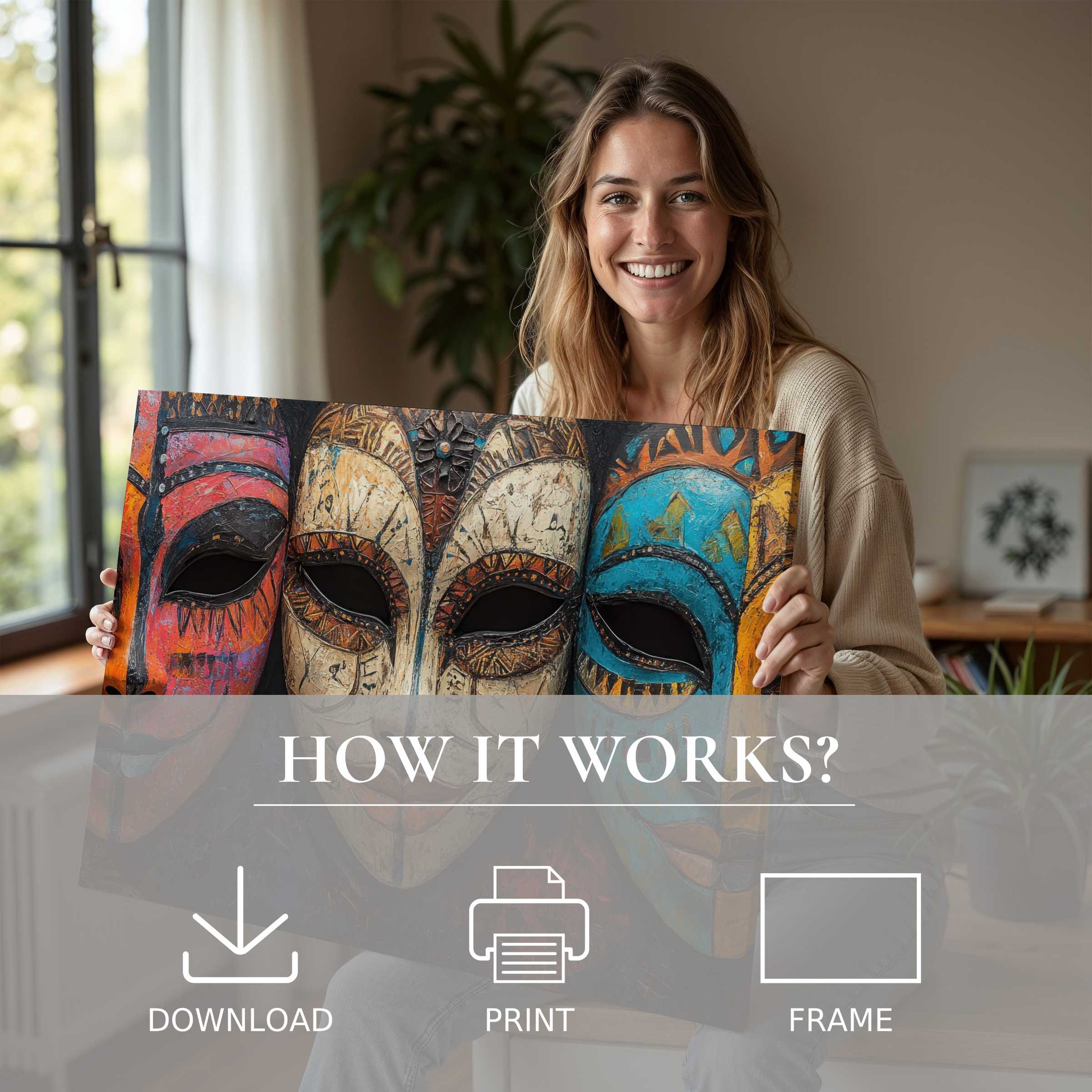 Woman radiates joy showcasing vibrant boho digital art print in a sunlit modern home, celebrating effortless art living