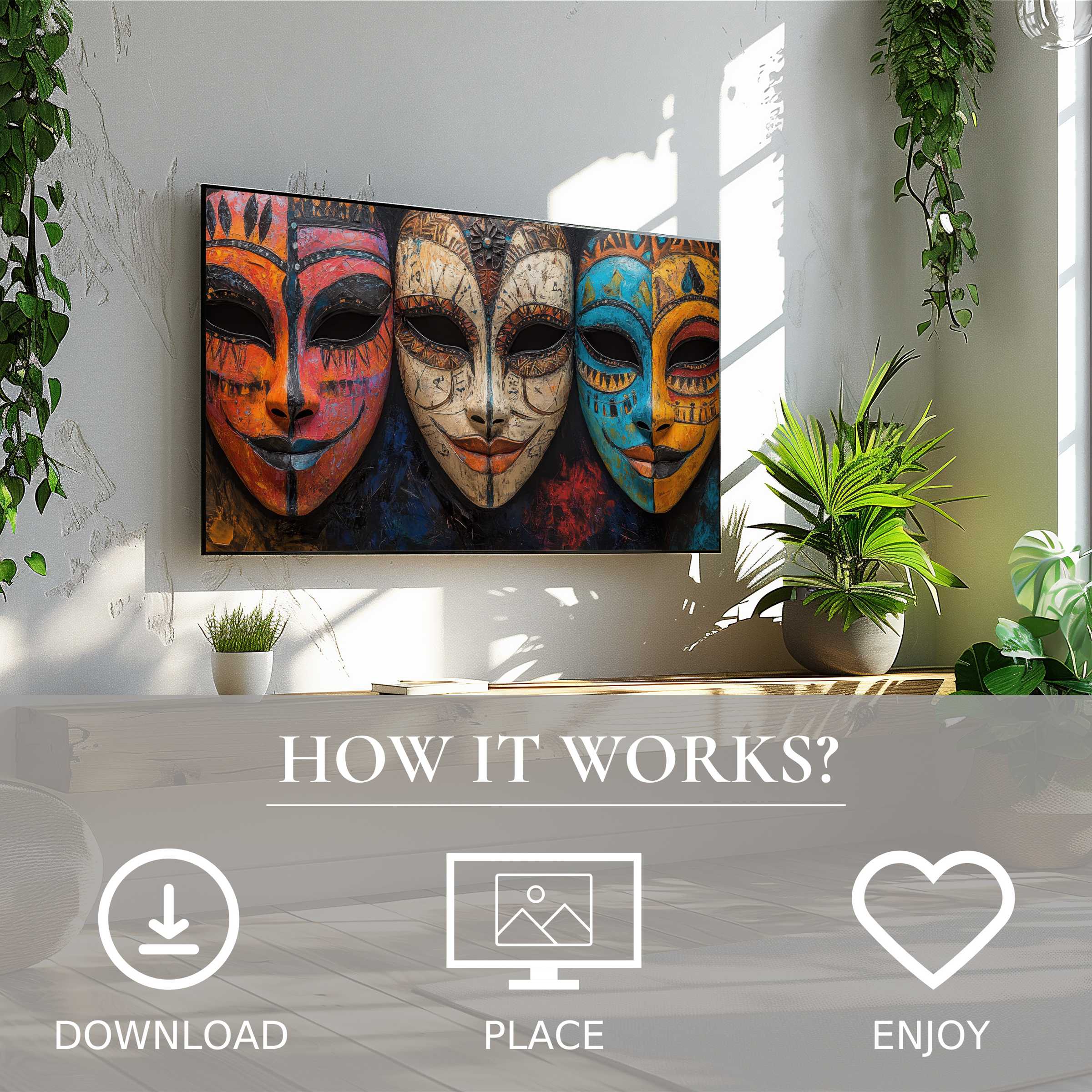 Boho art for Samsung TV shows bold tribal masks in rich sunset tones, simple digital download enriches modern living