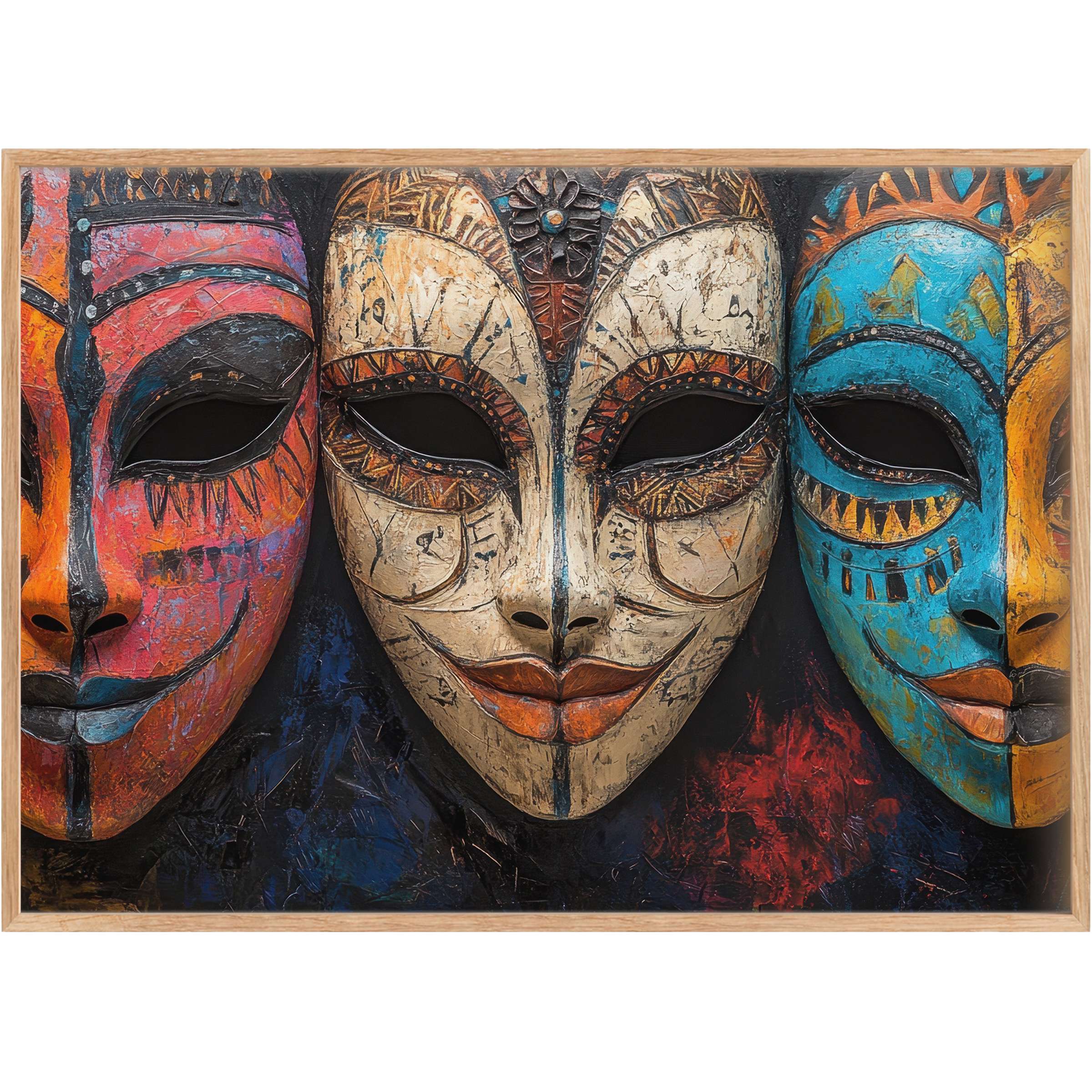 Boho printable wall art featuring vibrant tribal masks in fiery reds, deep blues, and earthy tones, evoking an enigmatic, bold ambiance