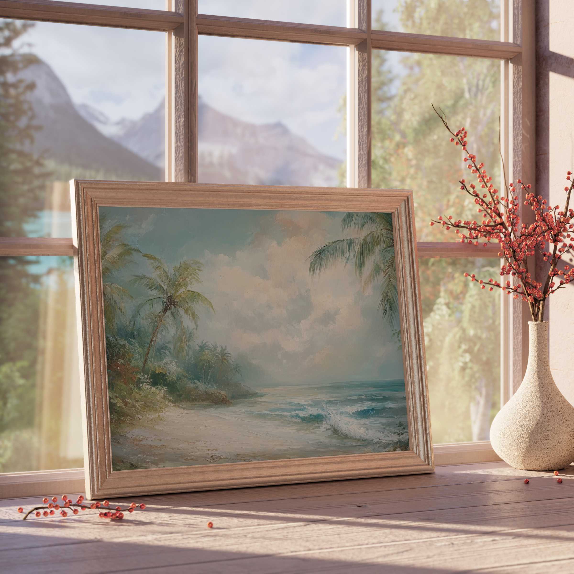 Summer downloadable art evoking serene coastal calm with soft waves and palm trees, perfect for curated stylish interiors