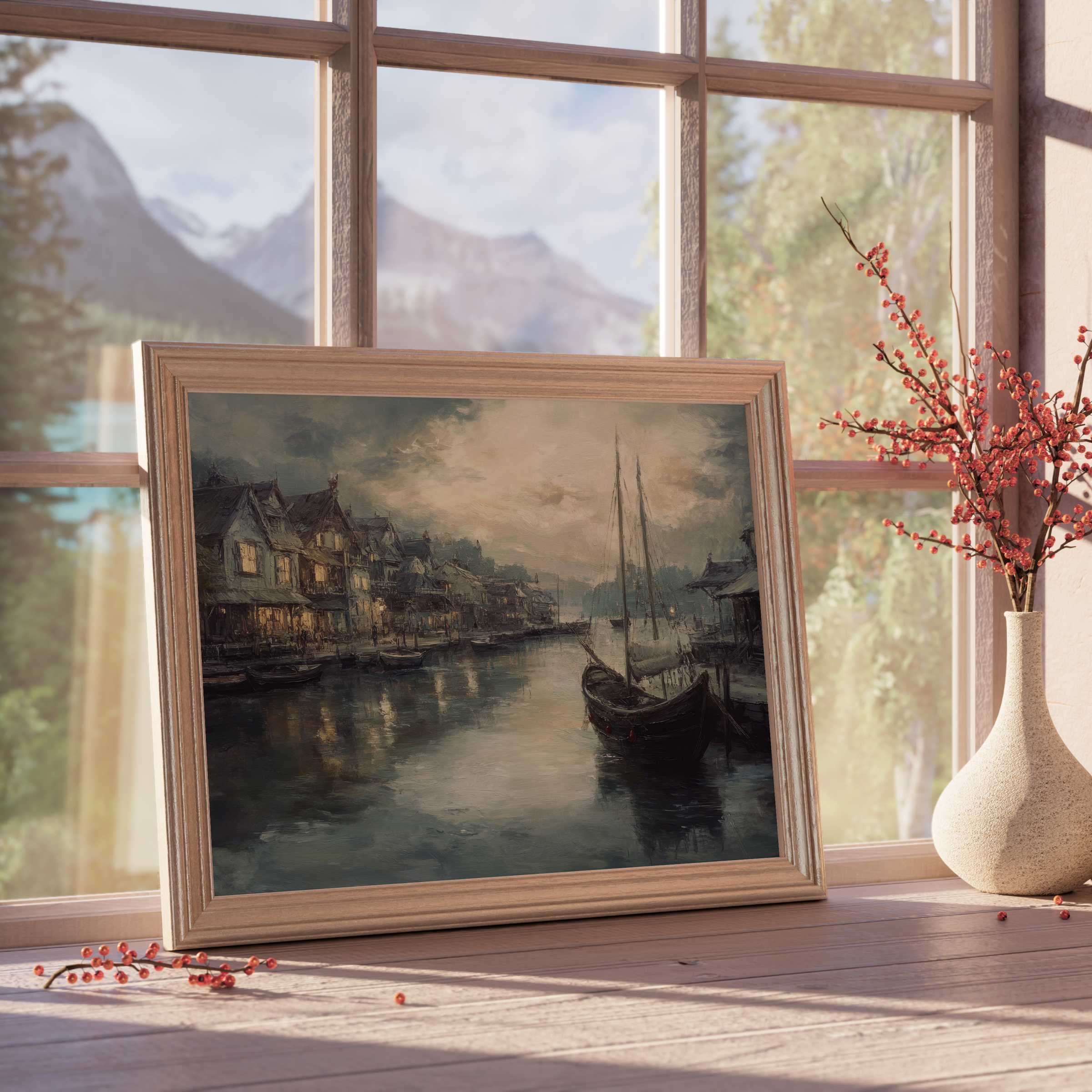 Coastal downloadable art capturing a tranquil harbor at dusk, adding serene charm and timeless elegance to curated interiors