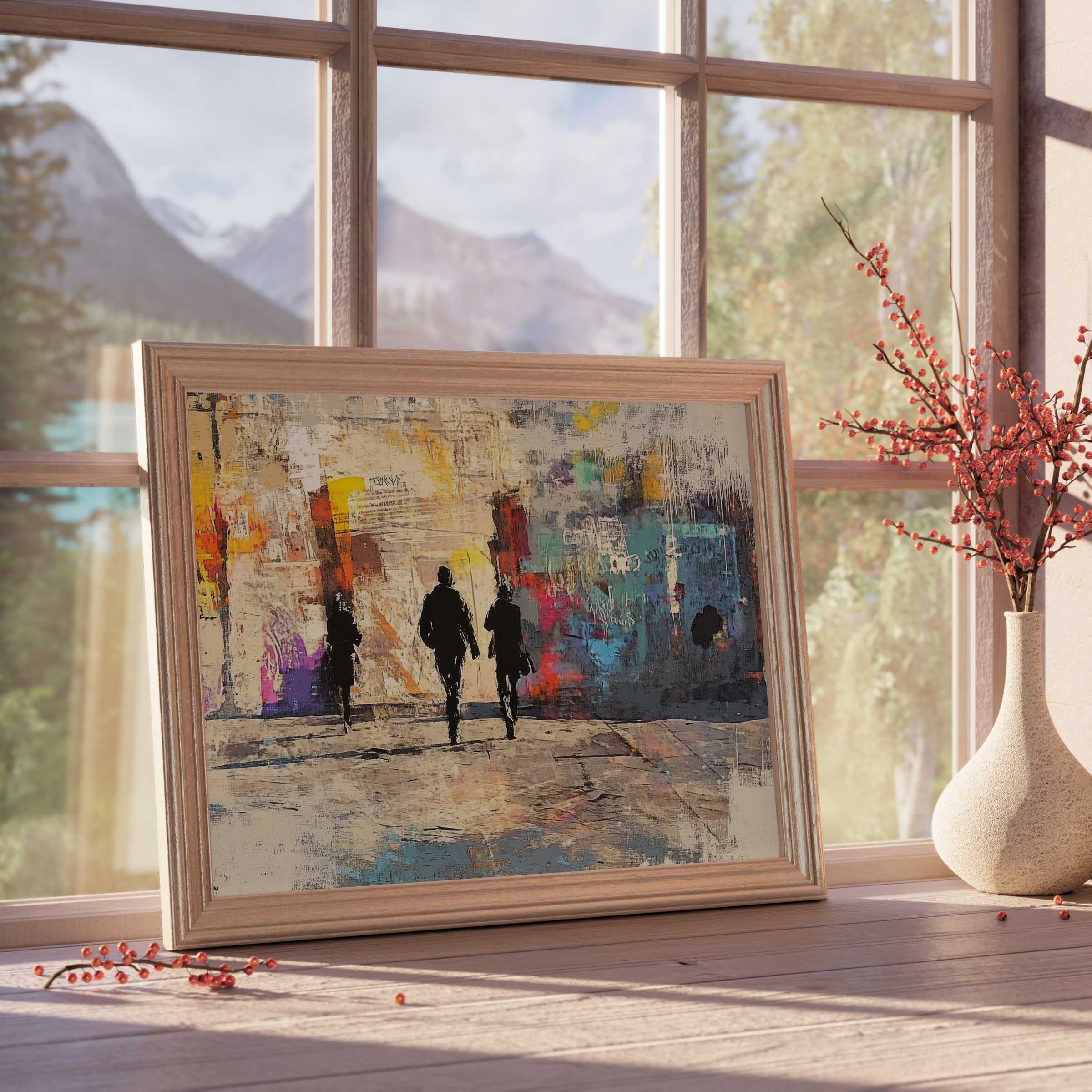 Urban downloadable art capturing vibrant city life silhouettes, infusing curated spaces with warm, textured elegance and modern design