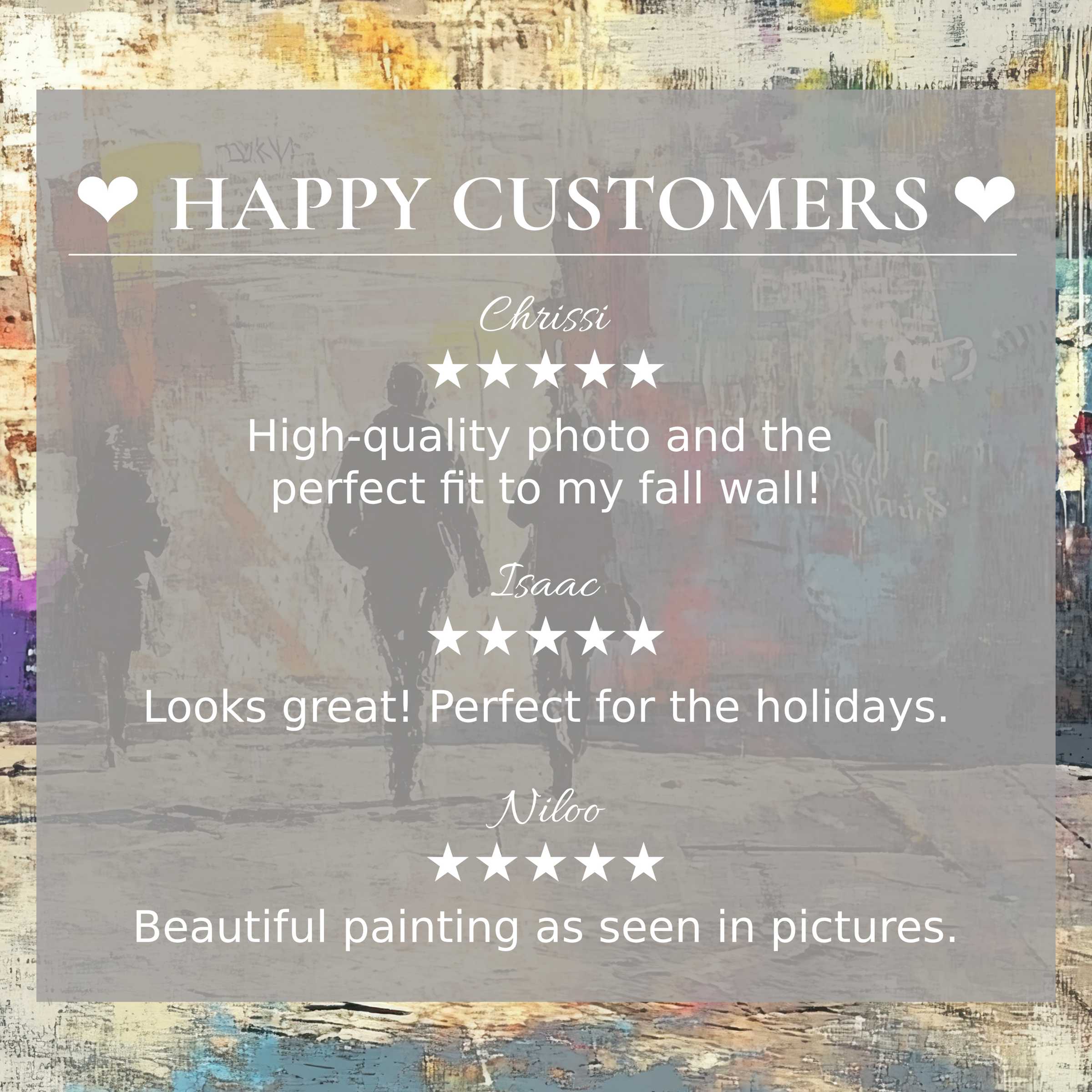 Urban art for Frame TV with abstract sunset colors, featuring happy customer reviews that build trust and elegance