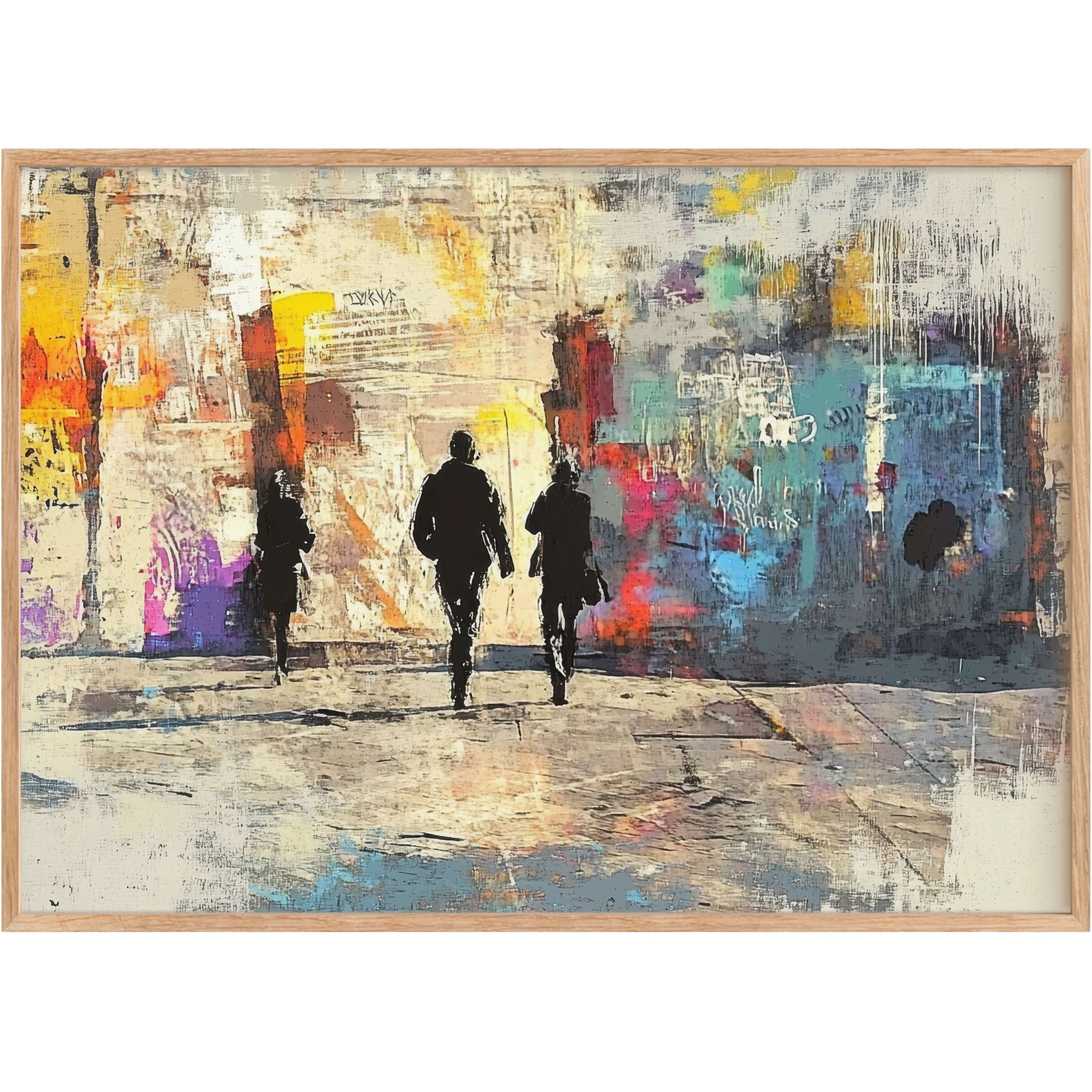 Urban printable wall art capturing silhouettes against vibrant graffiti hues, evoking a bold, dynamic cityscape atmosphere