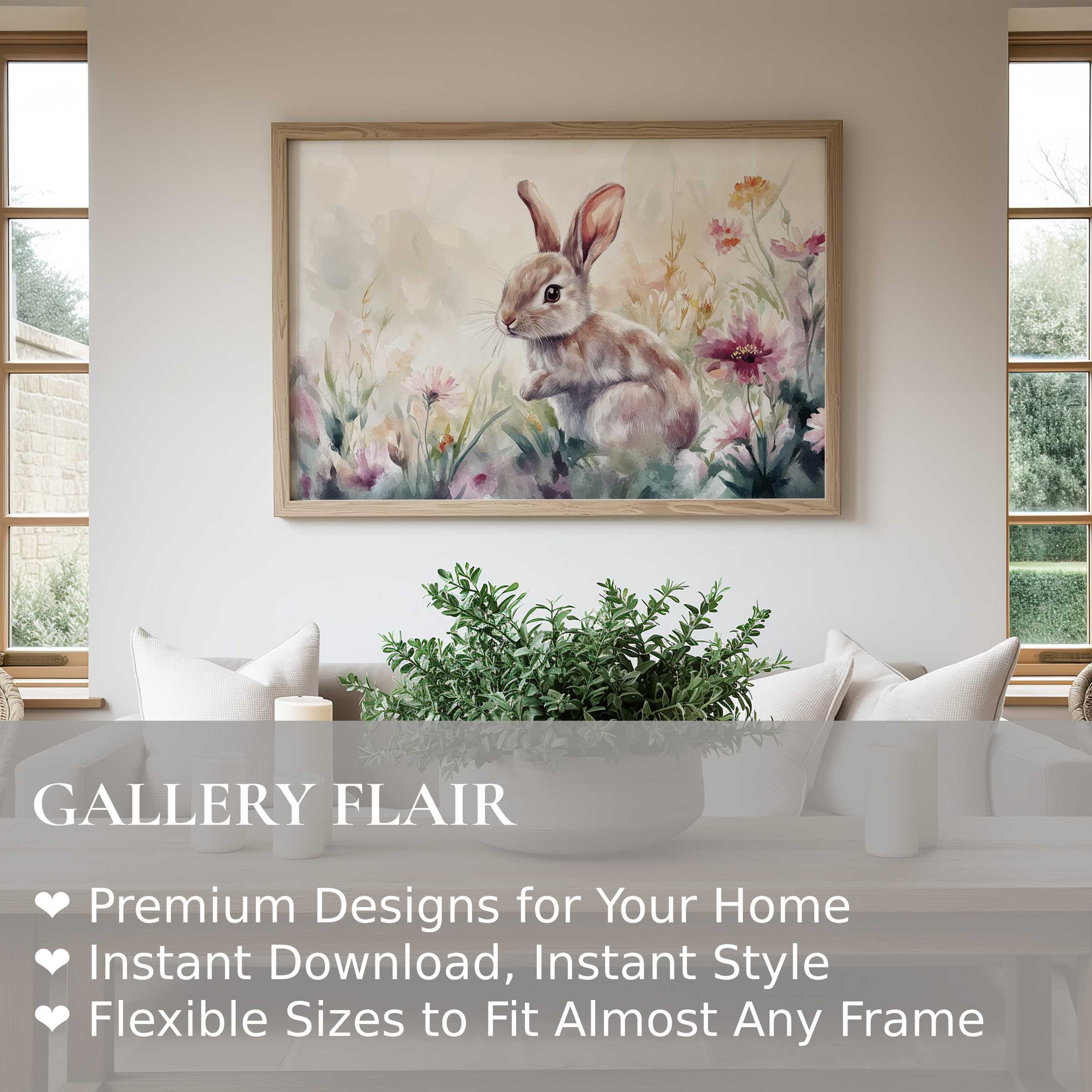 Easter wall art print featuring a gentle watercolor bunny amid soft florals, enhancing modern farmhouse elegance with serene charm