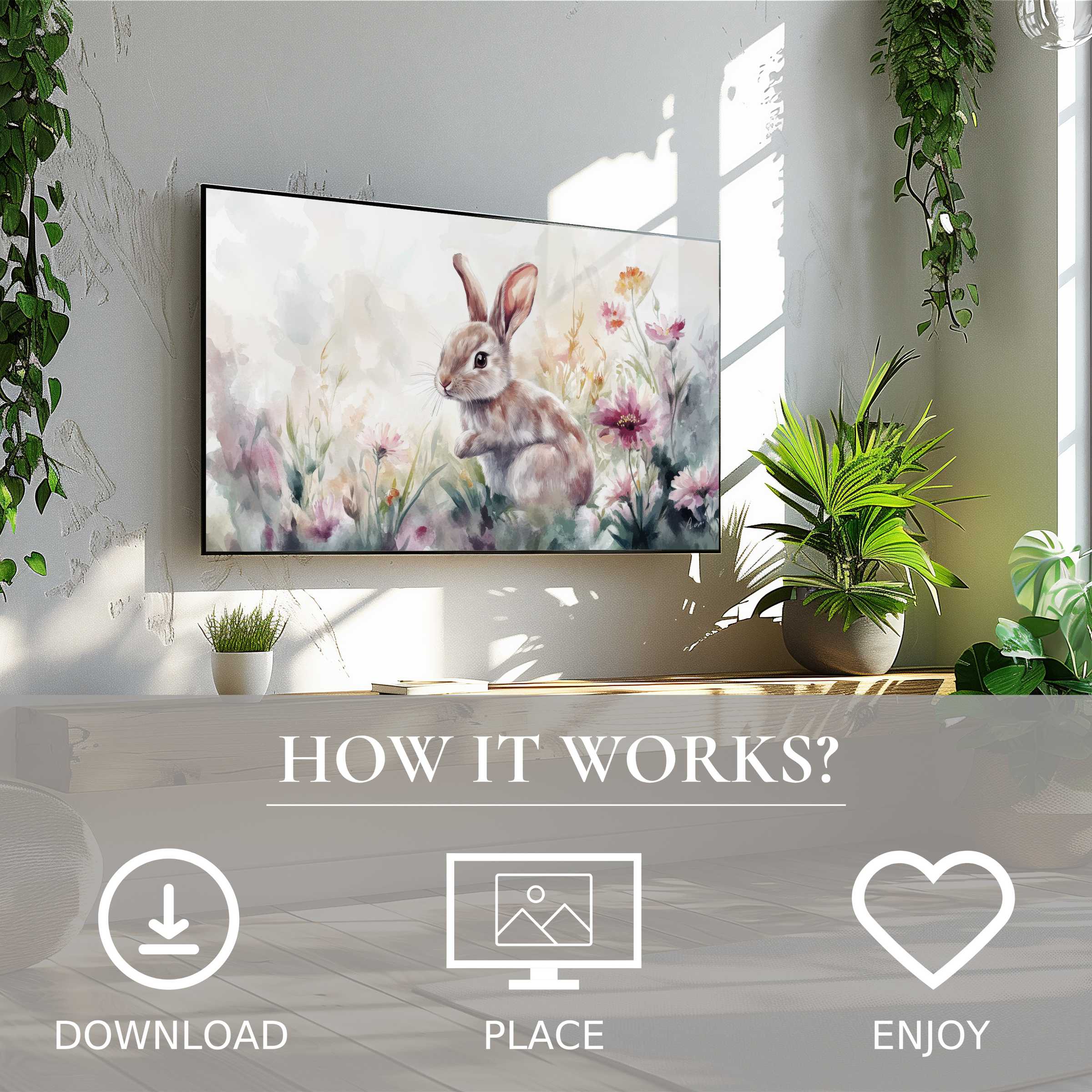 Easter art for Samsung TV shows soft pastel bunny and floral tones, easy digital download enriches bright modern living spaces
