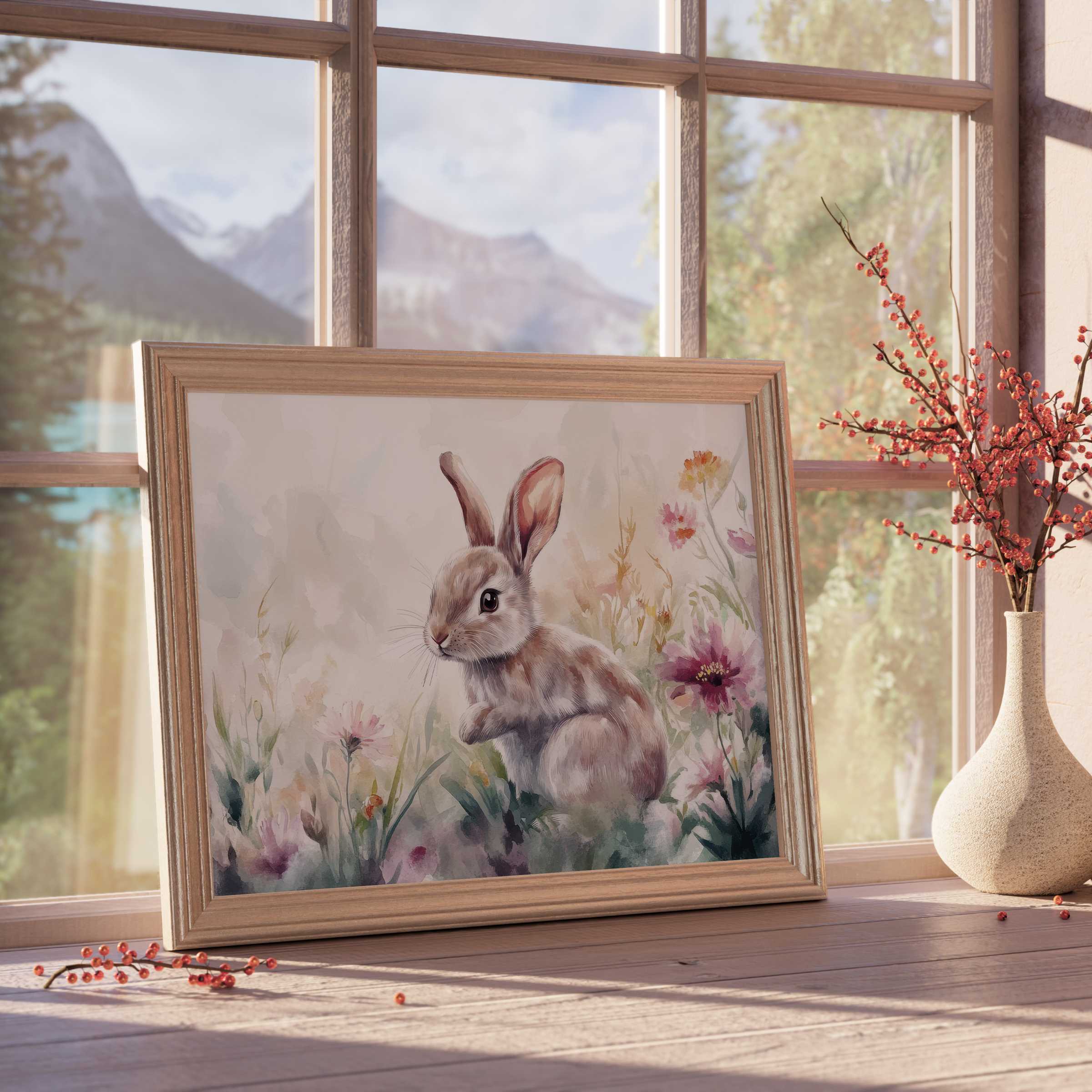 Easter downloadable art featuring a serene bunny amidst floral blooms, elevating curated, tranquil, design-forward spaces