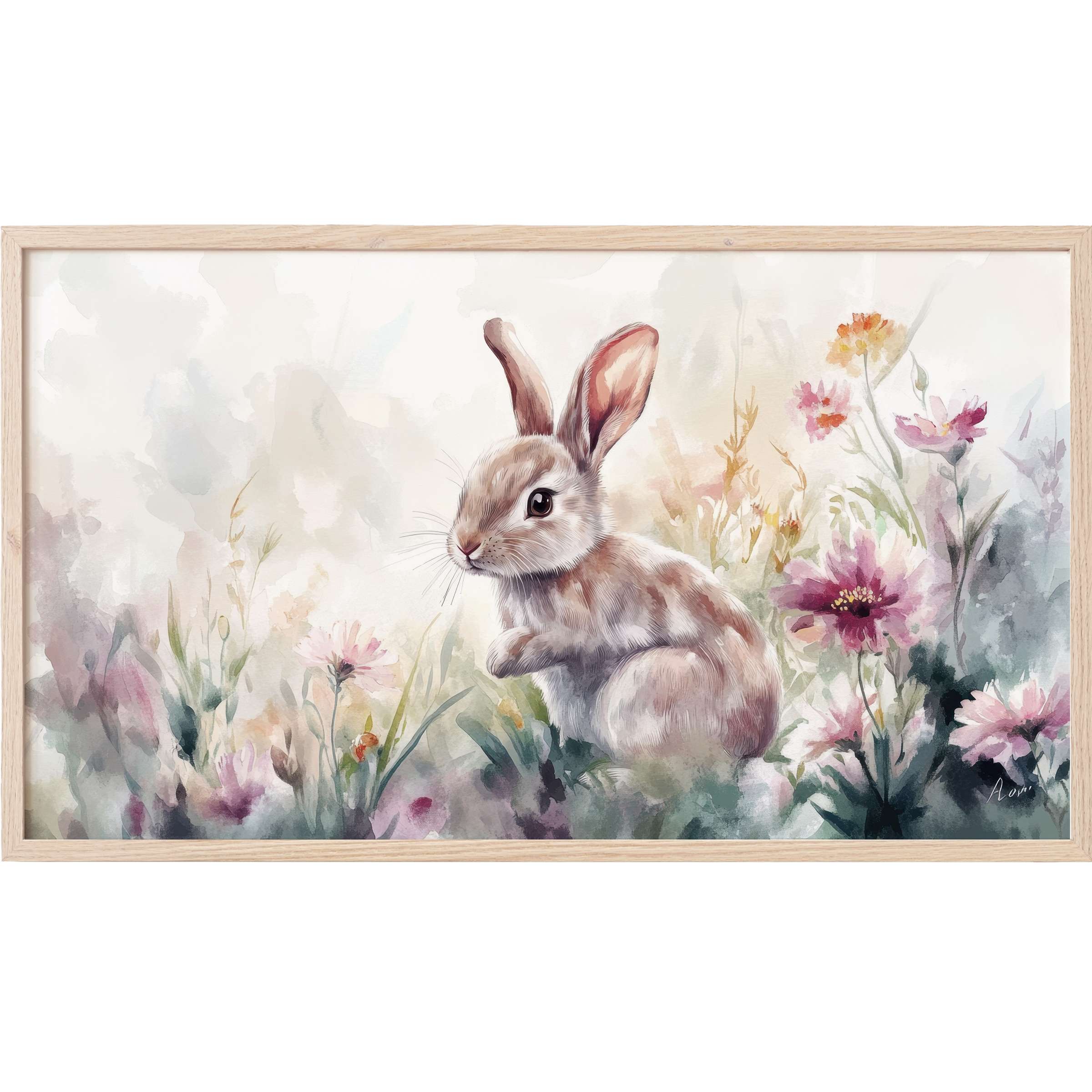 Delicate watercolor bunny amid soft pastel blooms, evoking serene spring charm in elegant easter Frame TV Art