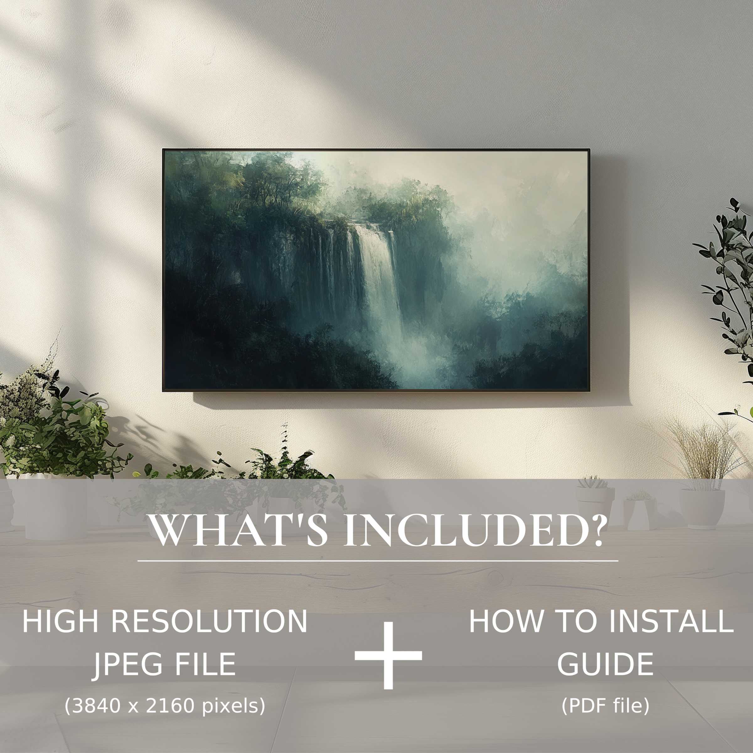 Elegant landscape digital TV art download featuring serene waterfall, enhancing living space with easy digital use