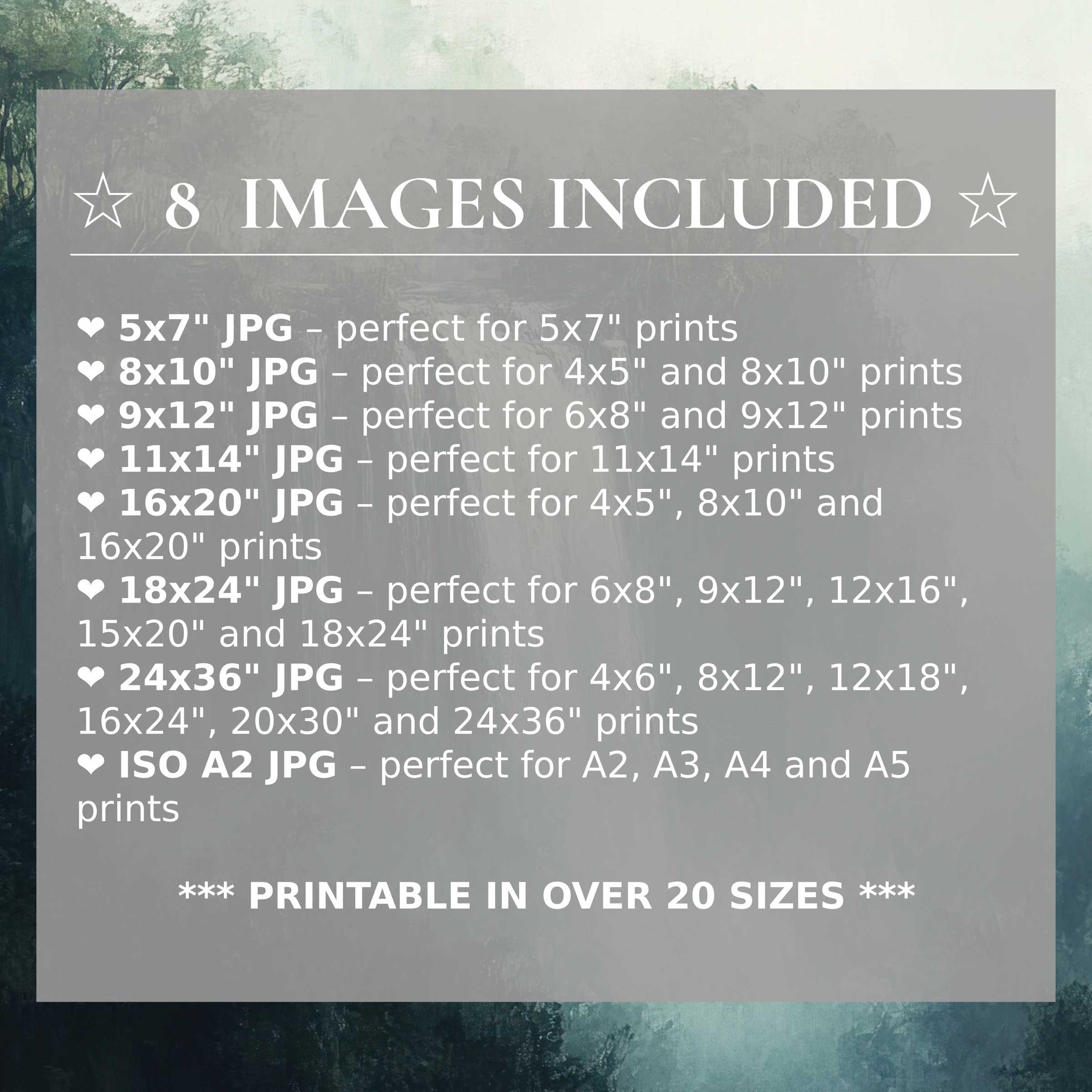 Elevate modern interiors with a radiant, calming landscape digital print in serene greens and soft grays, offered in 8 high-quality sizes included with download for versatile, stylish decor