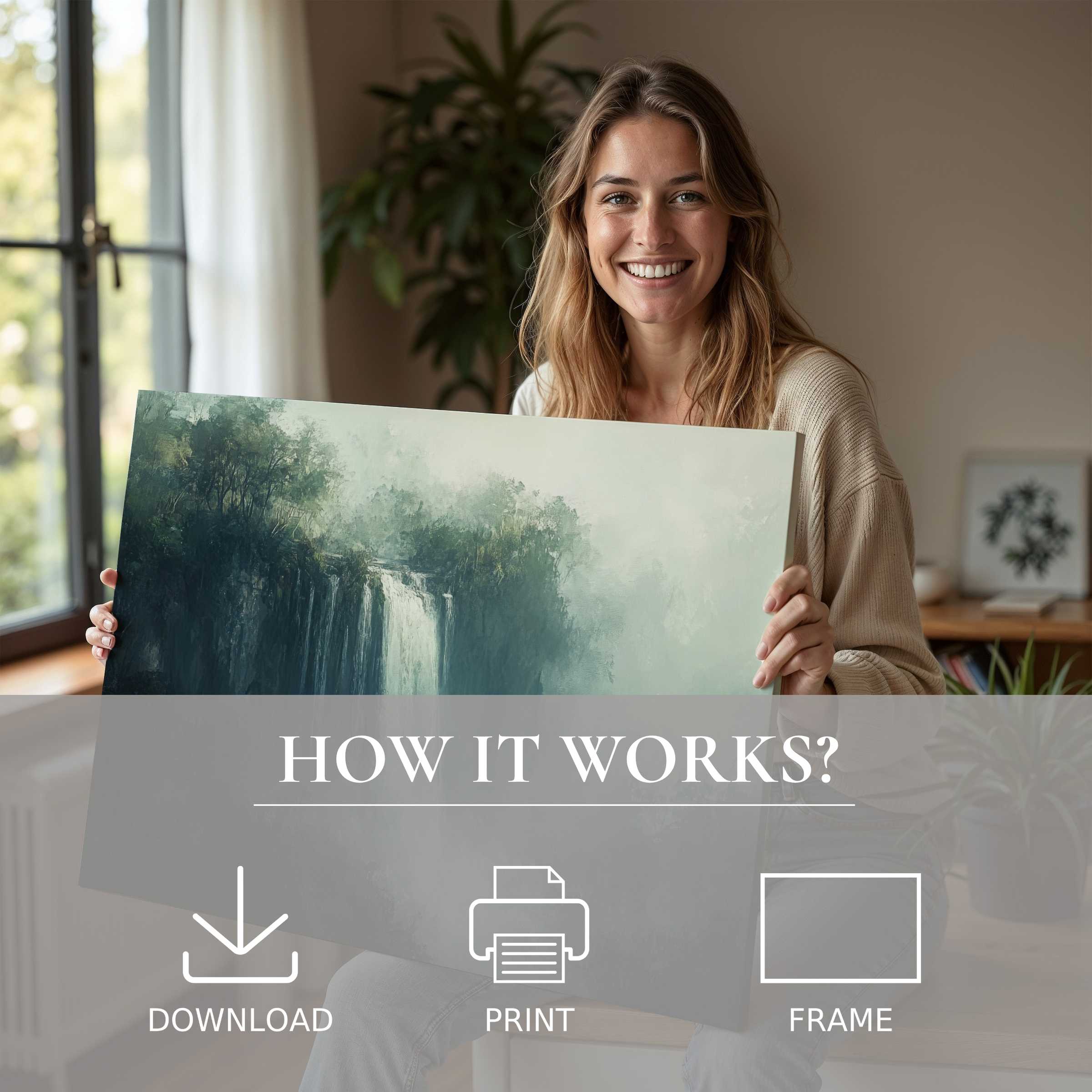 Woman in a modern home joyfully embraces a landscape digital art print, evoking serene connection and effortless elegance