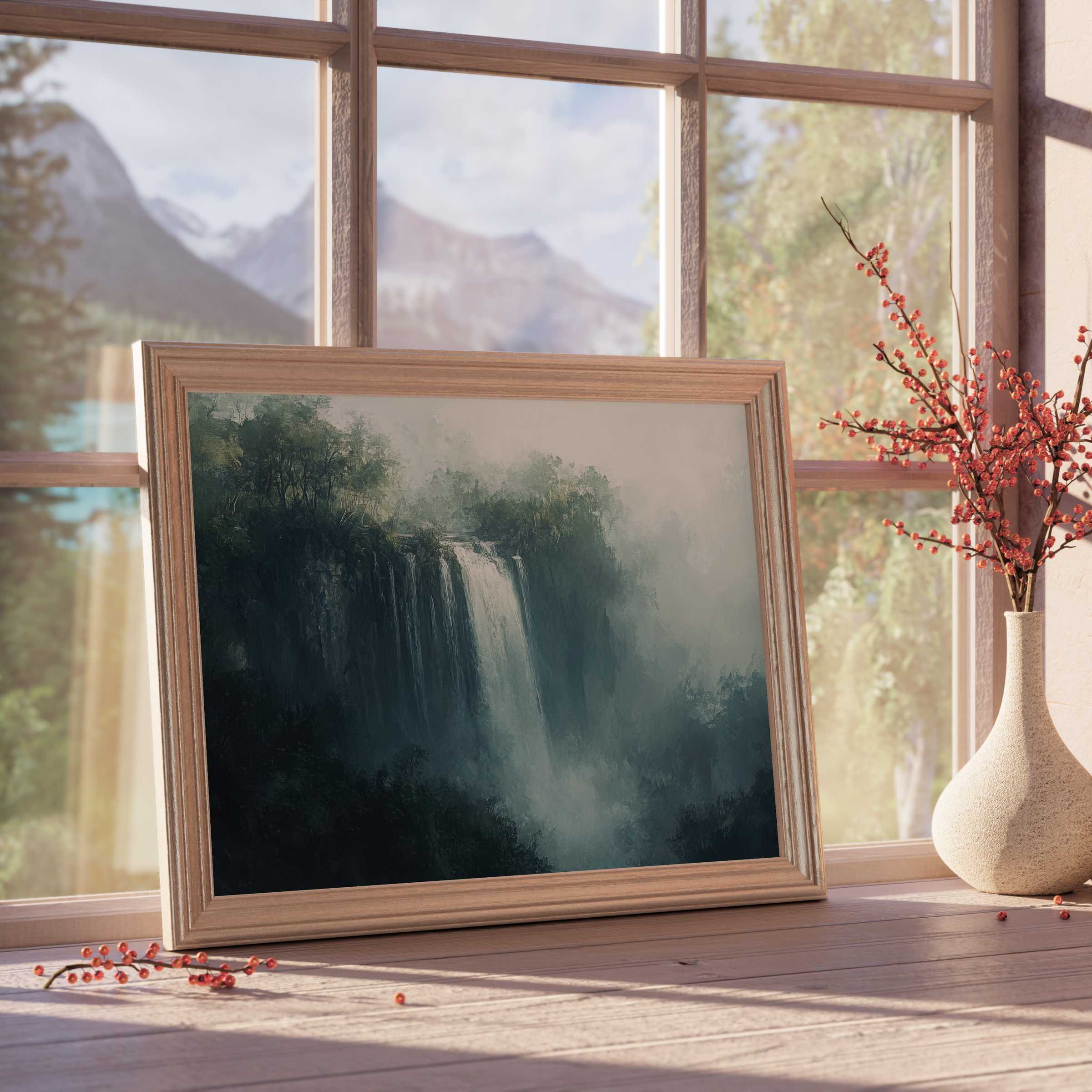 Misty waterfall landscape downloadable art capturing tranquil woodland serenity, perfect for elevating refined, nature-inspired decor