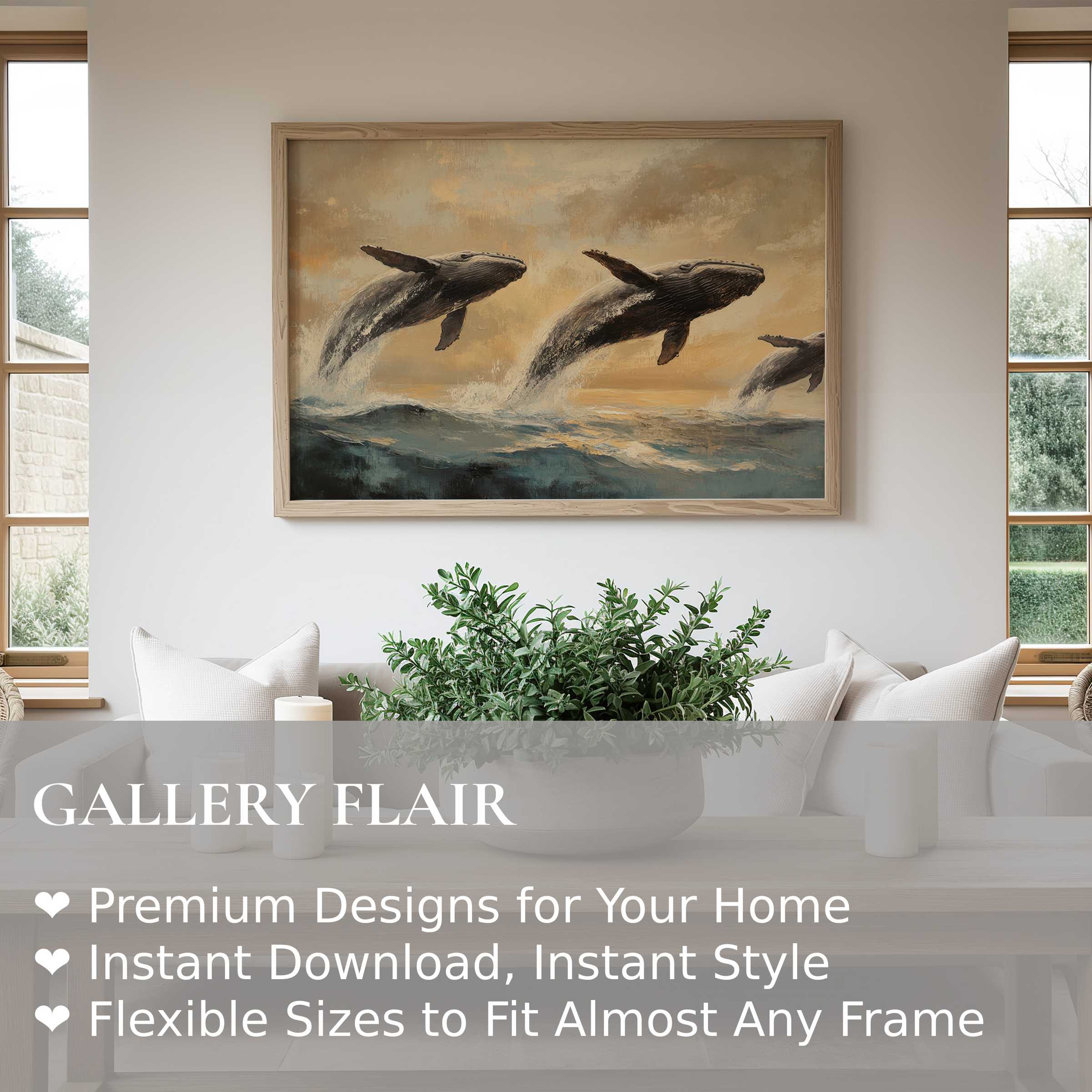 Elegant beach wall art print featuring dynamic whales leaping through serene waves, radiating calming coastal charm Enhances minimalist, modern interiors with natural wood accents and soft neutrals, creating an inviting, tranquil focal point for refined living spaces