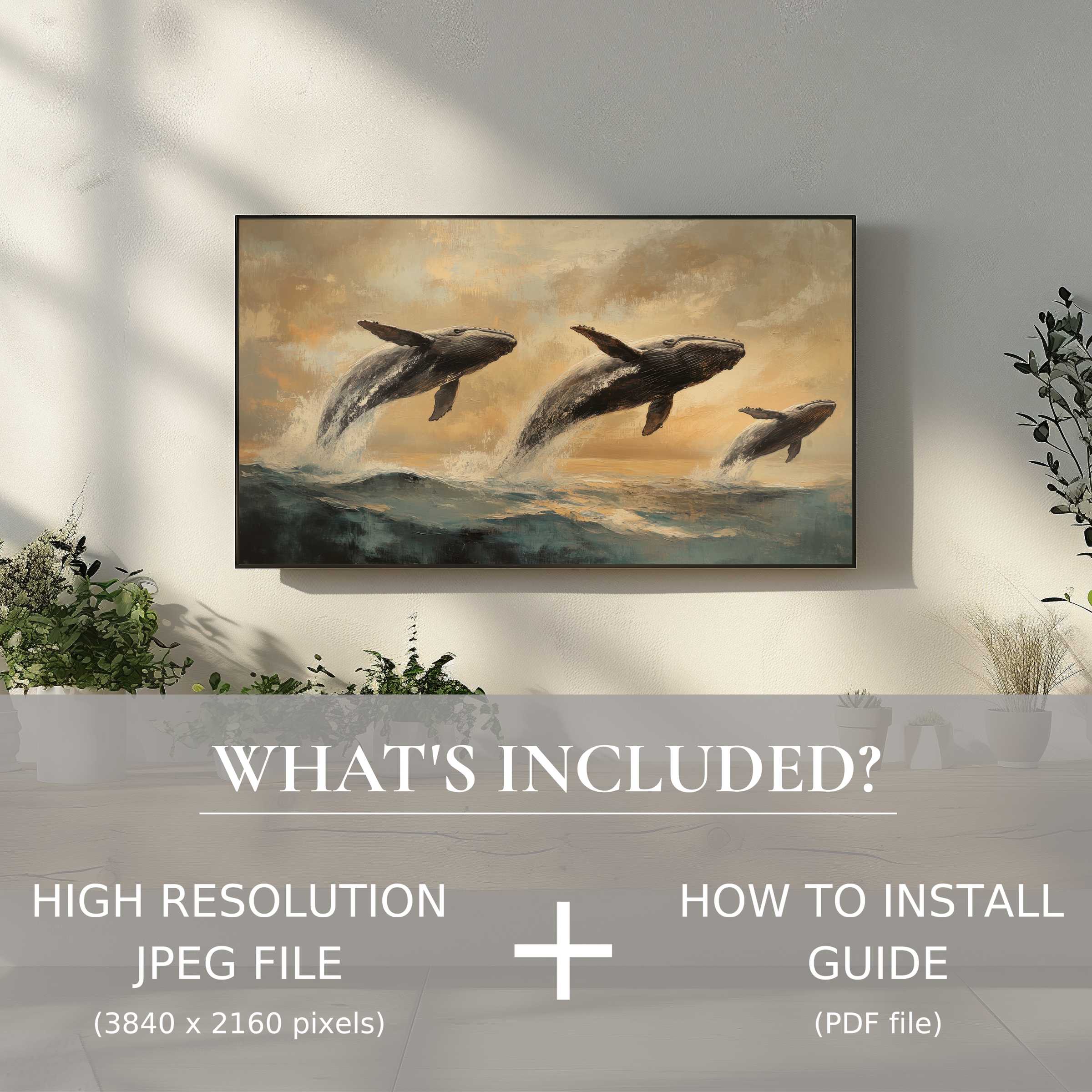 Elegant beach digital TV art download with soaring whales, easily enhancing living spaces through instant digital use