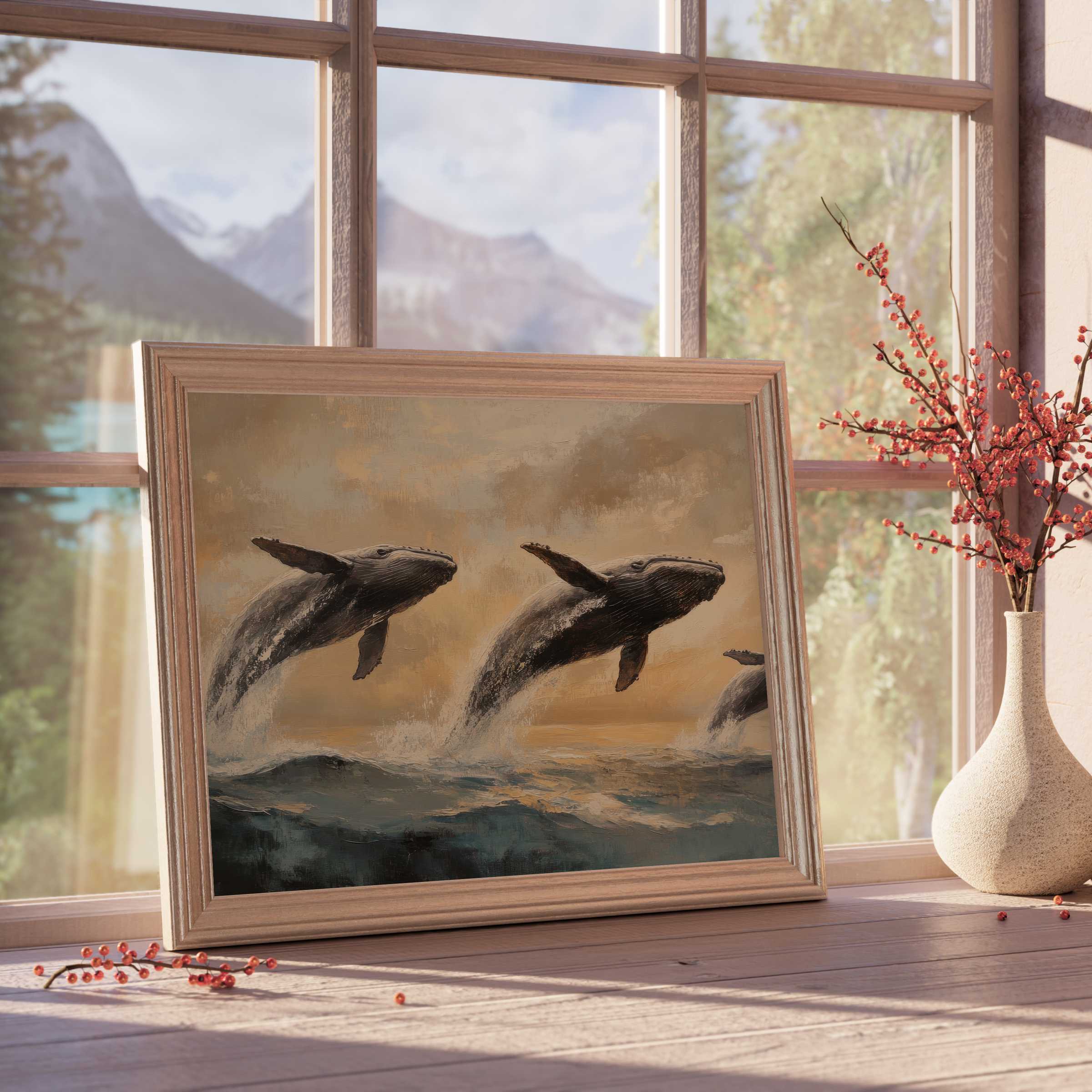 Graceful whales breaching in serene ocean hues, a beach downloadable art that enriches tranquil, curated interiors with coastal elegance