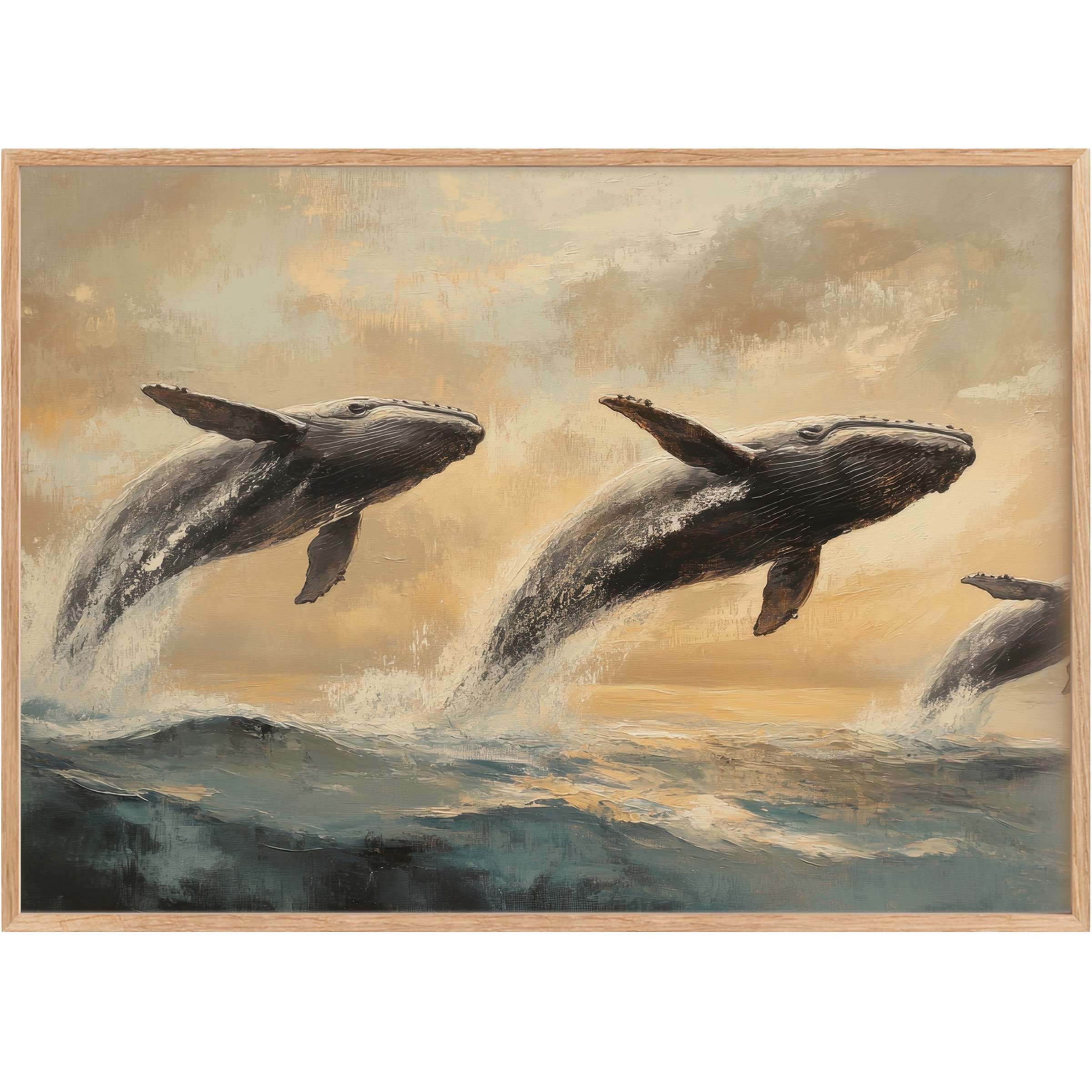 Graceful humpback whales breach over serene ocean waves in warm, muted tones, evoking calm strength and natural beauty in beach printable wall art