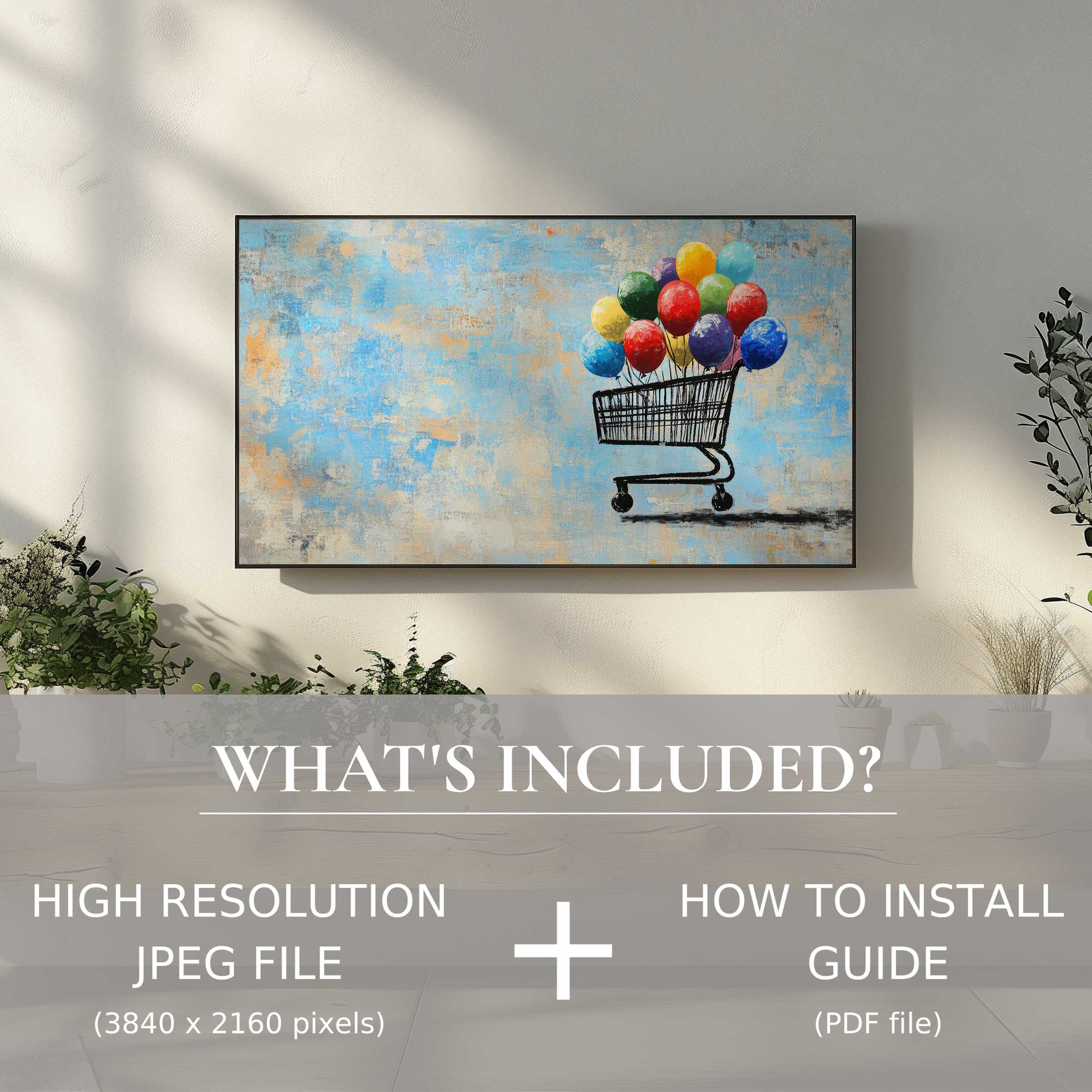 Modern living with street art digital TV art download, easy use enhances your space with vibrant balloon design
