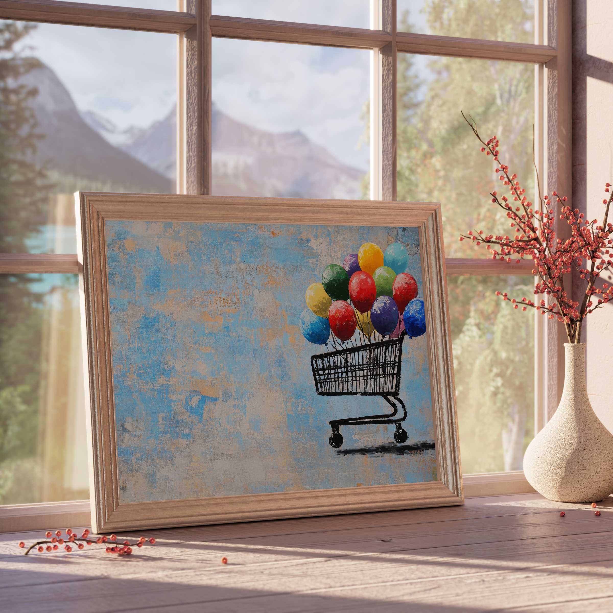 Vibrant street art downloadable art with colorful balloons in a shopping cart, elevating curated, tranquil interiors with playful elegance