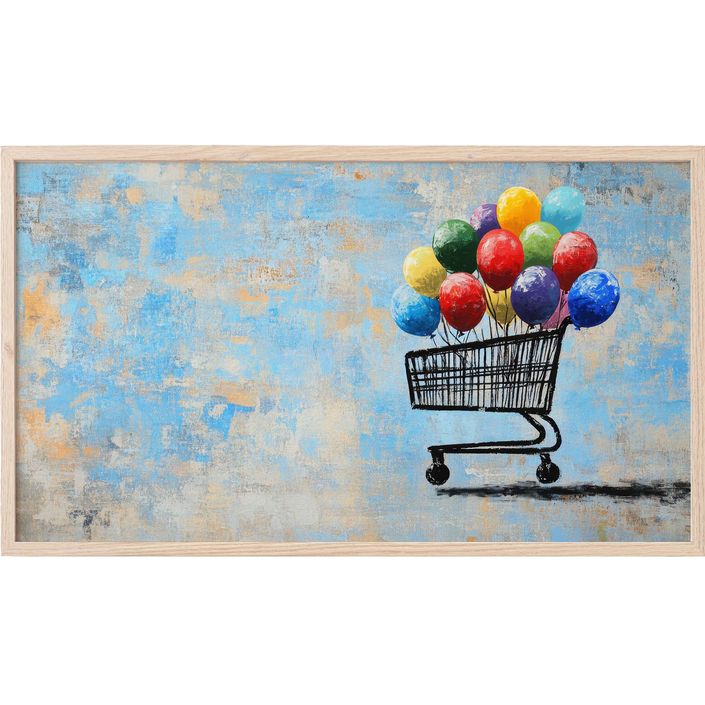 Vivid balloons lift a minimalist shopping cart on textured blue-beige backdrop, street art Frame TV Art for chic spaces