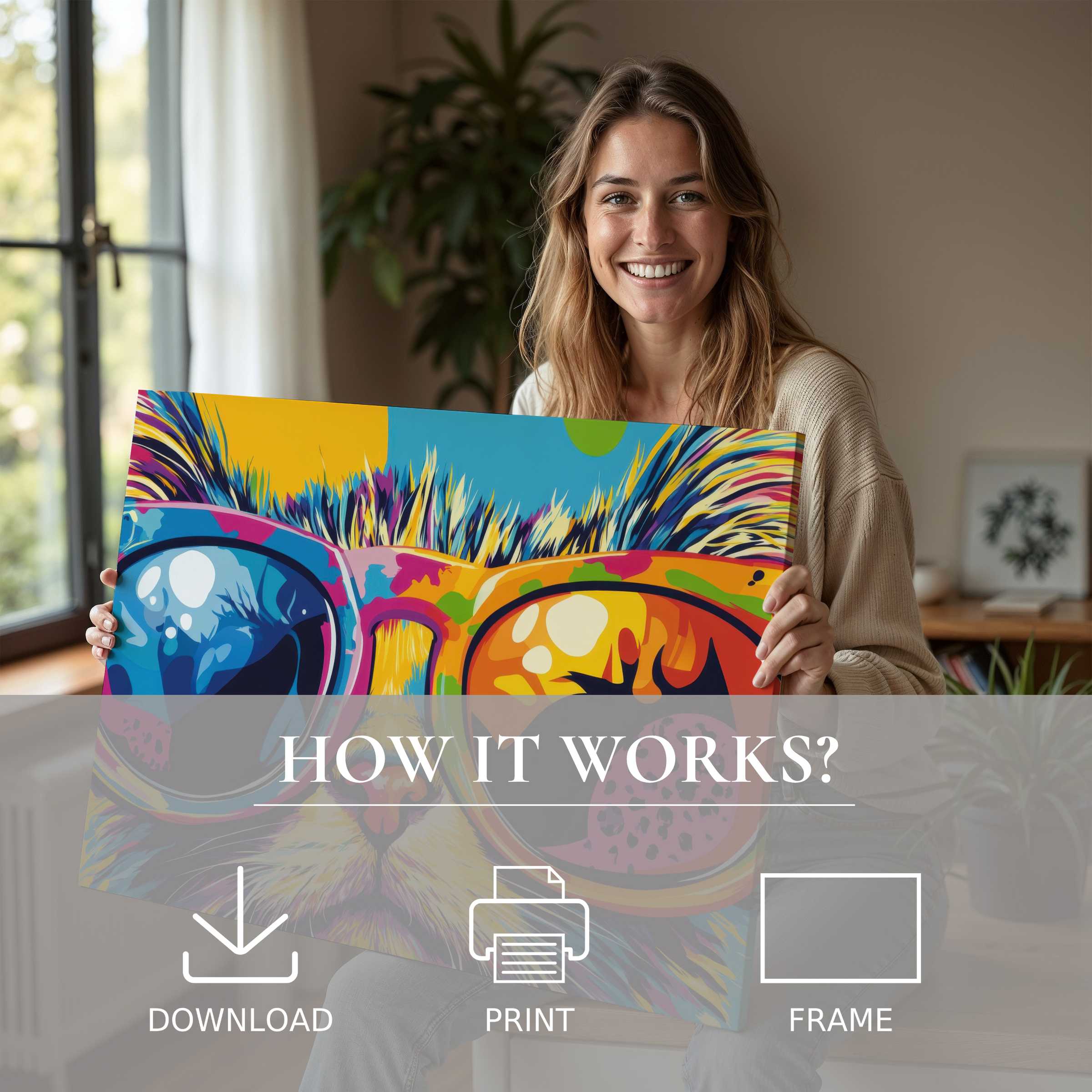 Bright pop art digital art print radiates joy and connection, enriching modern homes with effortless elegance and vibrant charm