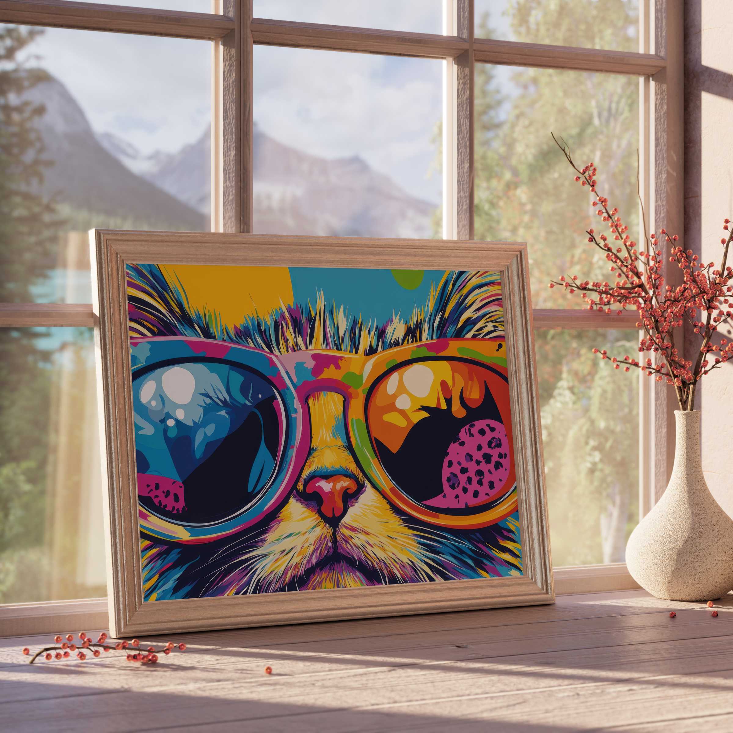Vibrant pop art downloadable art of a cool cat in colorful sunglasses, perfect for adding playful charm and bold style to curated interiors