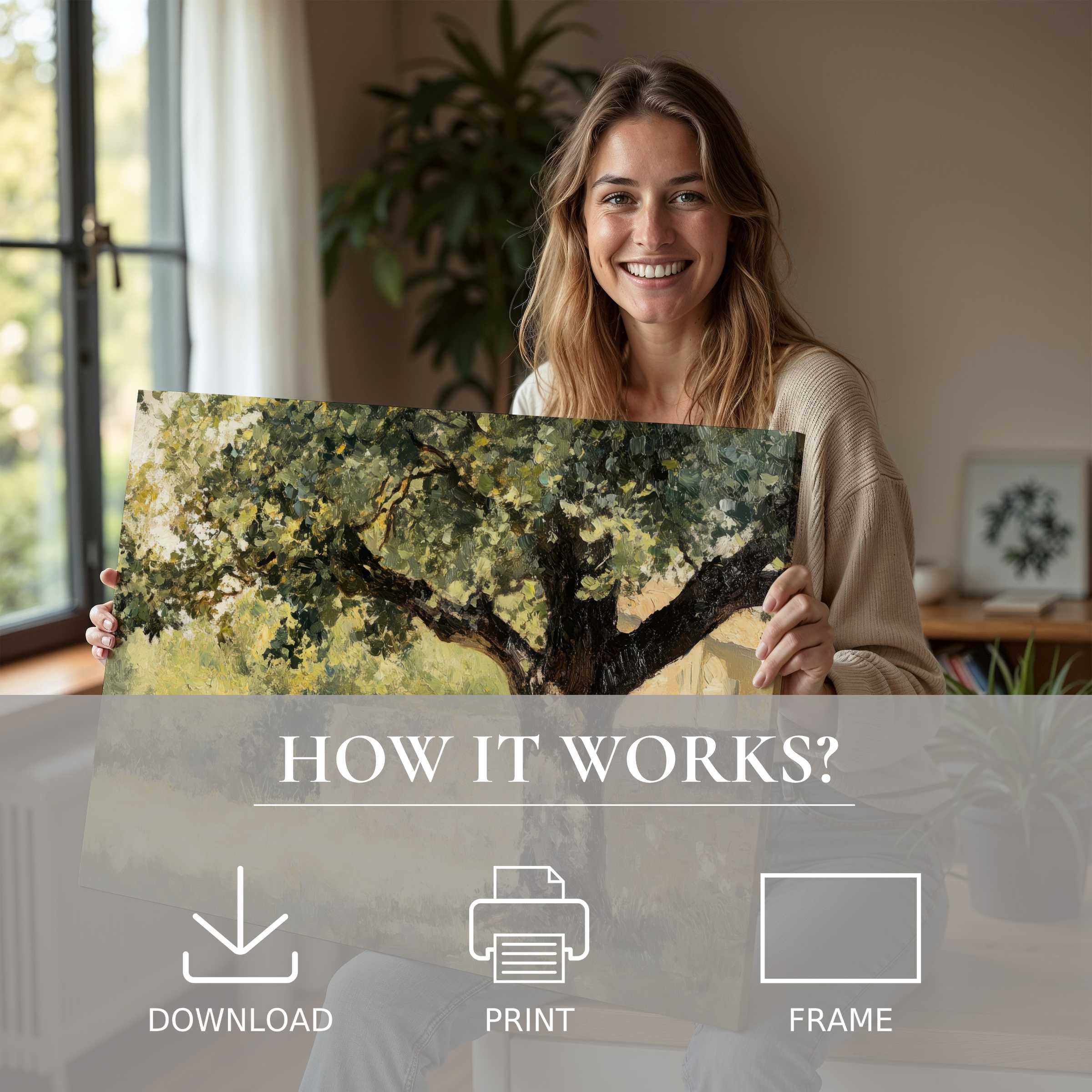 Joyful woman showcasing a tree digital art print in a modern living space, celebrating effortless art living