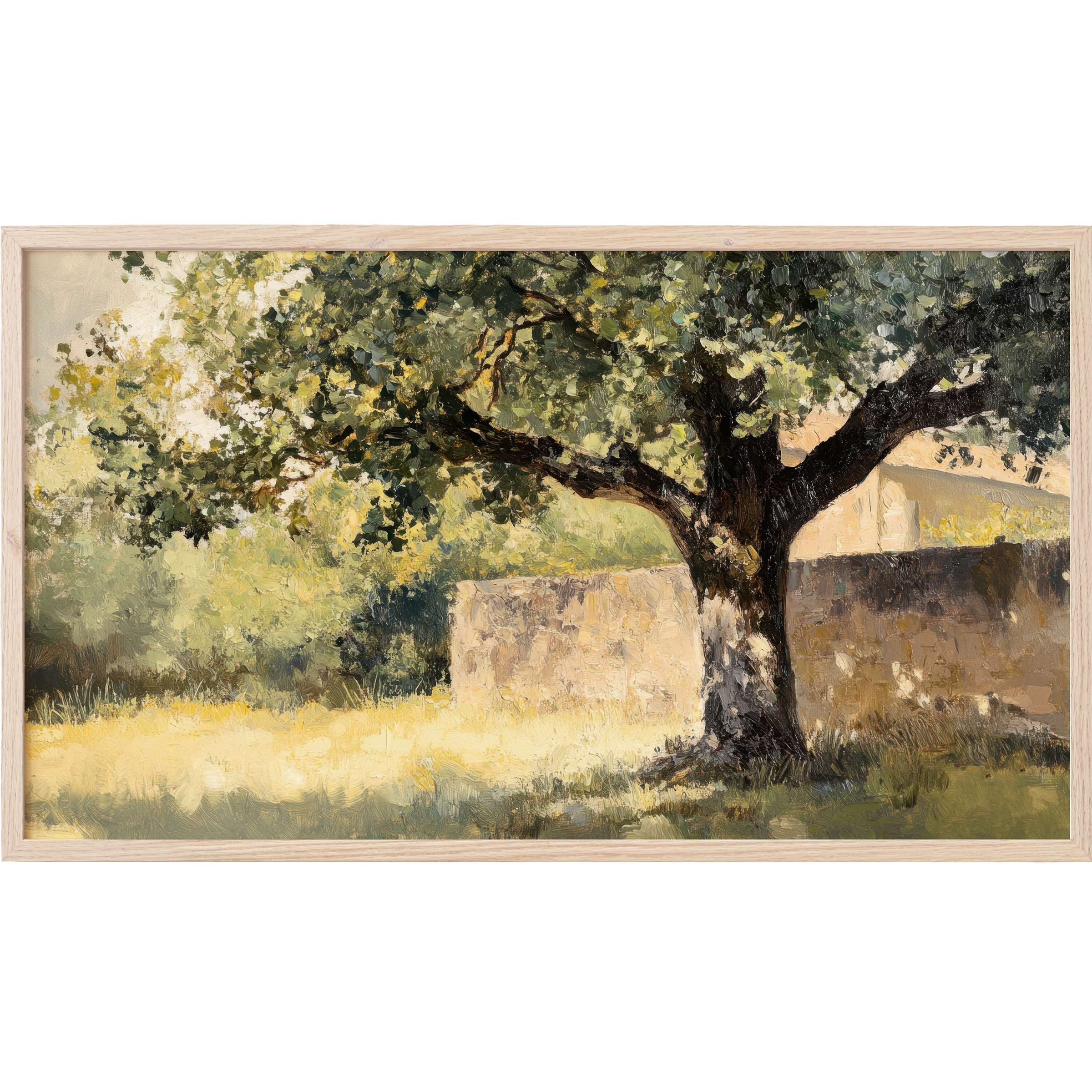 Sunlit oak with textured foliage and stone wall, in warm greens and ochres, elegant tree Frame TV Art
