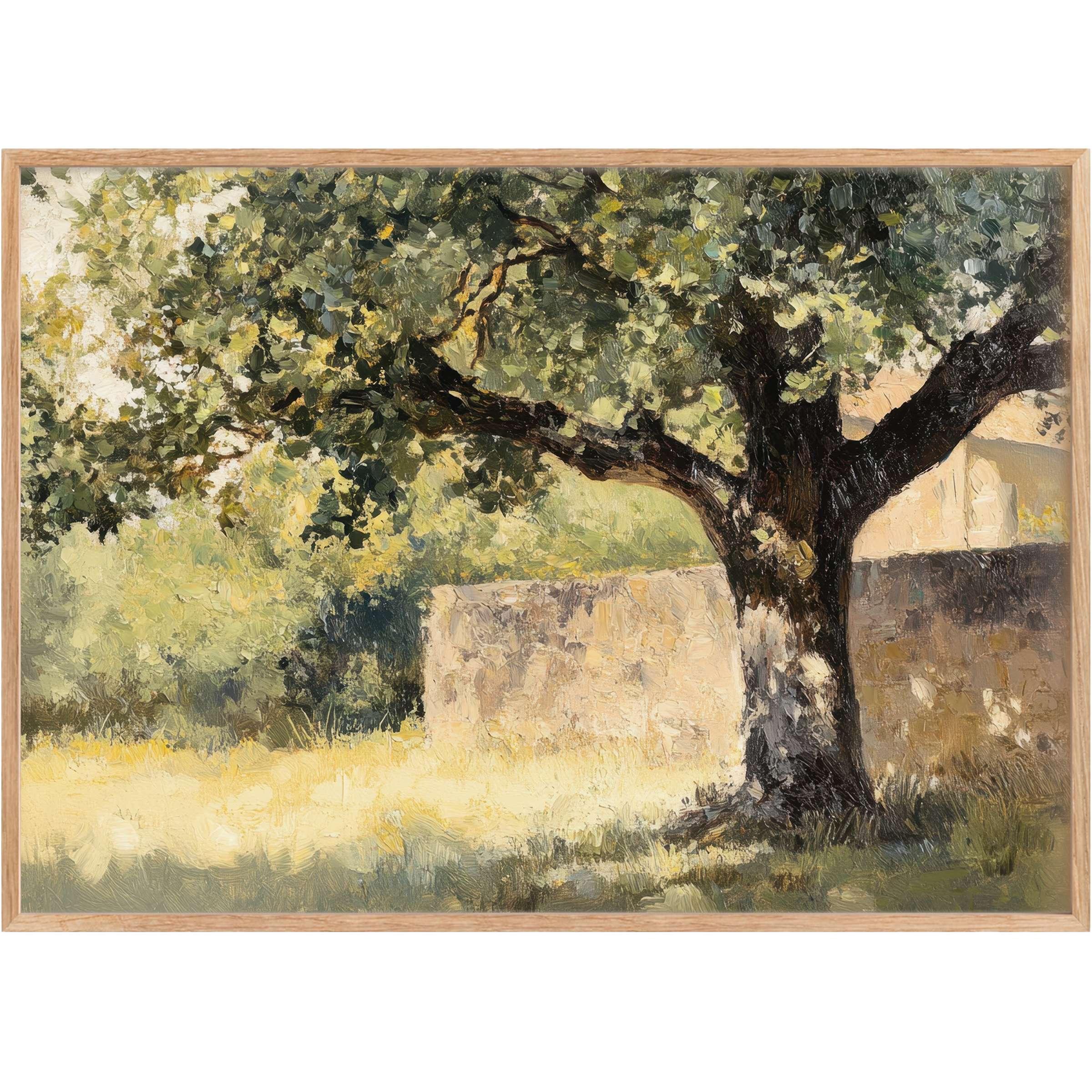 Sunlit tree printable wall art radiates serene warmth with lush greens and soft golden hues, elevating elegant interiors